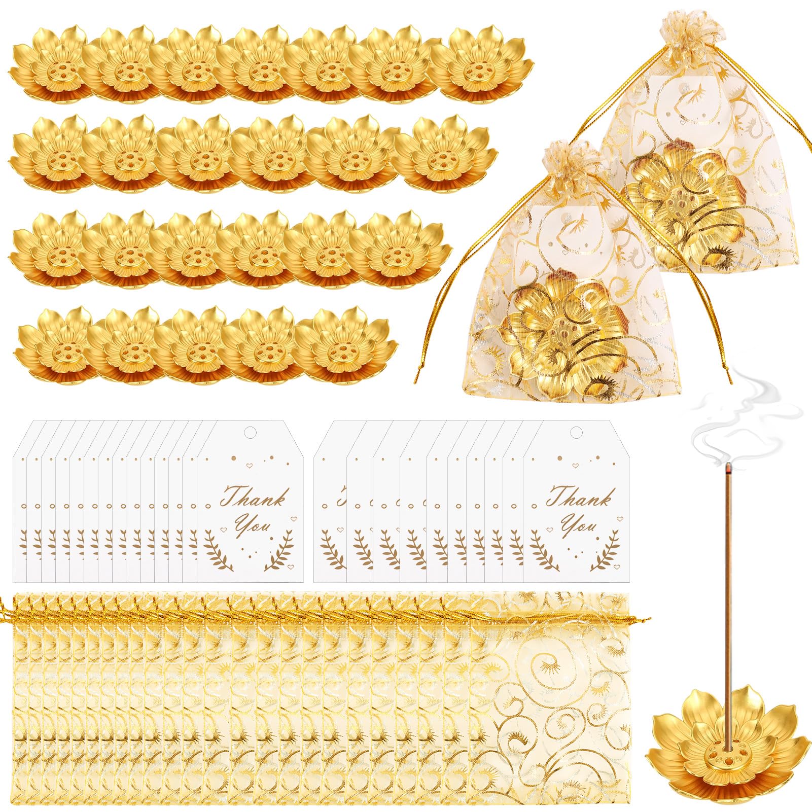 72 Pack Diwali Gifts Bulk, Lotus Incense Holder, Indian Return Gifts for Pooja Bulk, Gold Lotus Incense Sticks Holder with Organza Bags & Thank You Cards, Indian Return Gift (72 Pack)