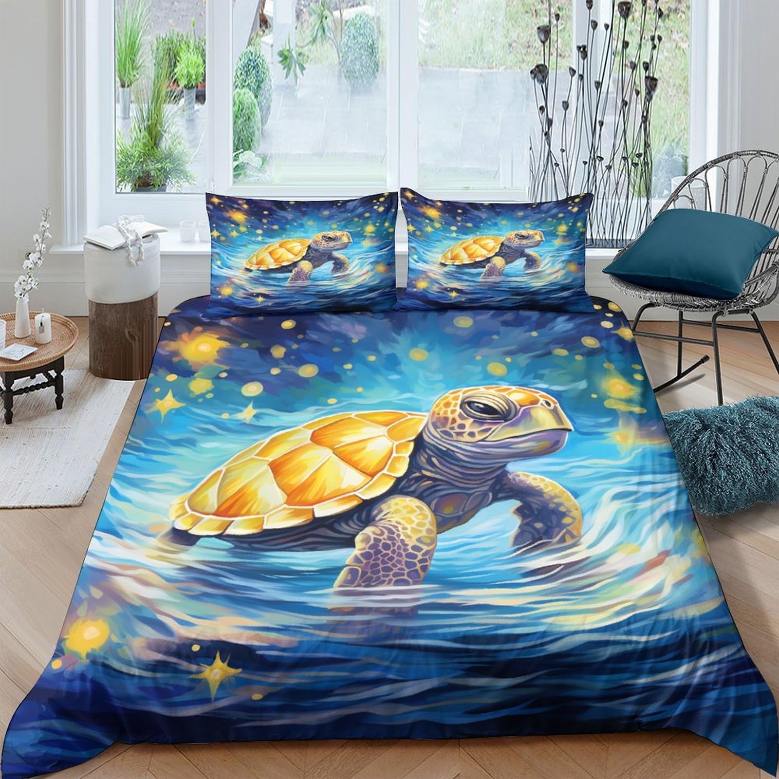 P5V6M1Q9 3D Printed Sea Turtle Ocean Duvet Cover Microfiber Soft Breathable Star Night Bedding Set with 2 Pillowcases for Bedroom Decor, Rental, Home, Single（135x200cm）