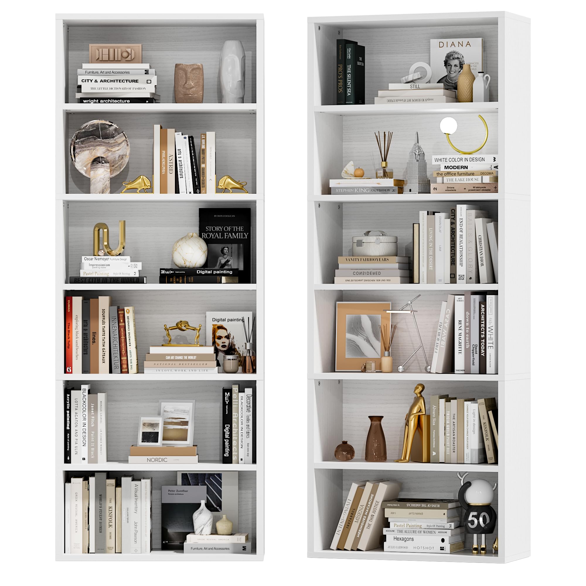 Furniwell 71" Tall Bookcase Bookshelves, 6 Tier Floor Standing Bookcases Open Frame, Modern Display Storage Organizer for Home Office, Living Room, Bedroom, Study Room (White, 2 Pcs)