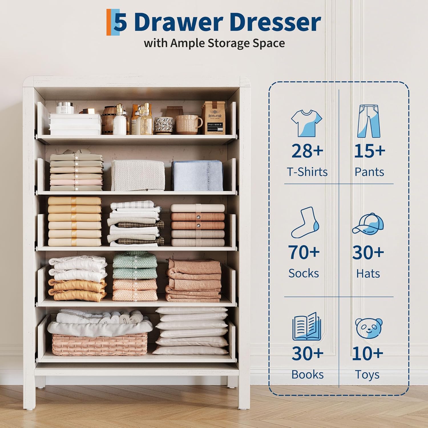 GarveeHome 5 Drawer Dresser for Bedroom, 47" Tall Modern Chest of Drawers, Curved Profile Design, Wood Drawer Organizer for Bedroom, Living Room, Hallway, Entryway, White - Image 3