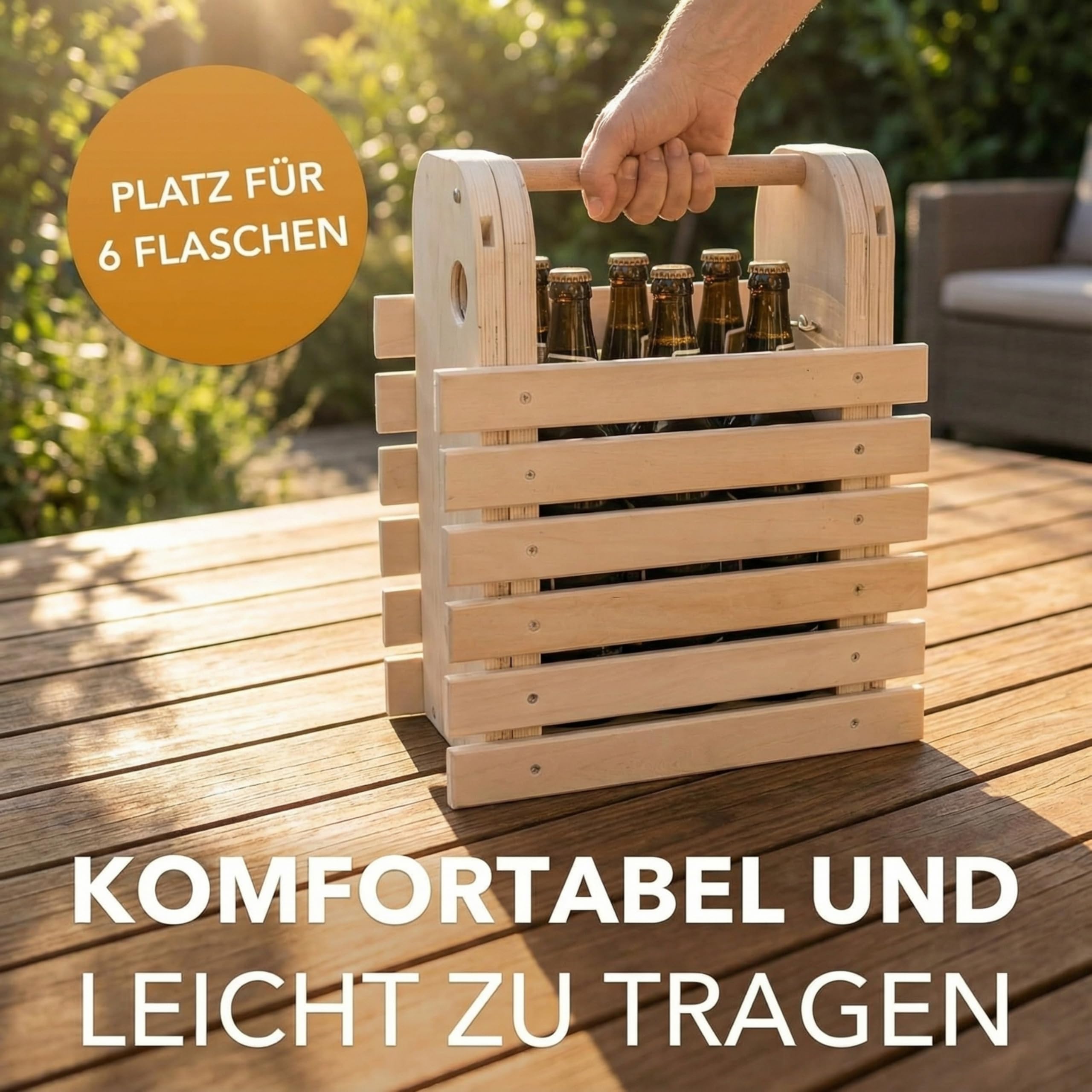 W4 Products Männerhandtasche Holz - Klappbarer Bierträger mit Sitzfunktion - Bier Geschenk für Männer & Bierliebhaber - 6er Flaschenträger aus Holz - Männerhandtasche Bier - Bierträger klappbar