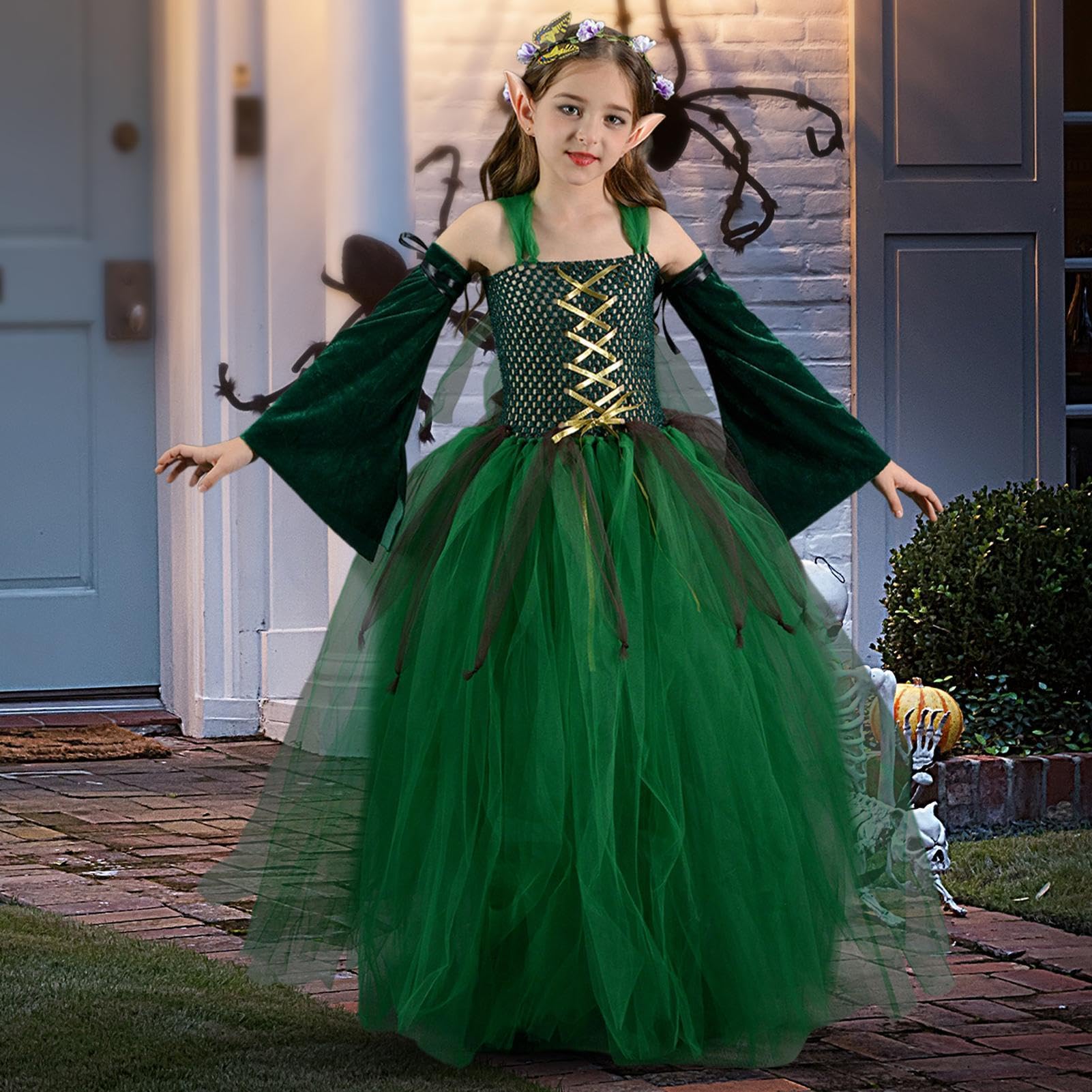 Costume Halloween Bambina Abito Verde Con Gonna A Tutù In Tulle Da Fata | Abito Da Di Ruolo Per Feste A Tema Halloween, Spettacoli, Carnevale, Compleanni, Eventi Scolastici