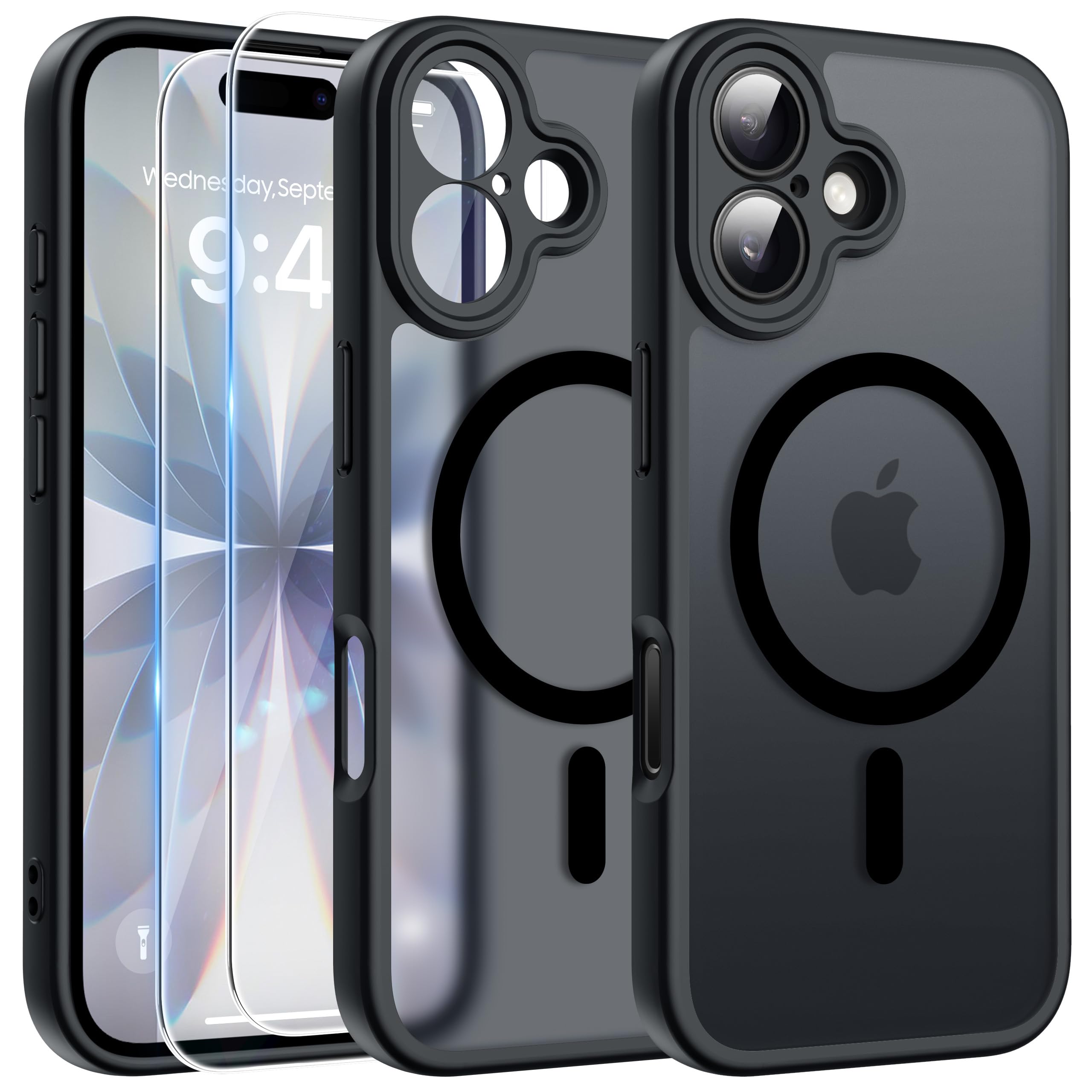 FLLAO Magnetica Cover per iPhone 17, Nero | Compatibile con MagSafe, con 2 Pezzi Vetro Temperato Pellicola, Protezione Fotocamera, Custodia Traslucida Opaca Antiurto