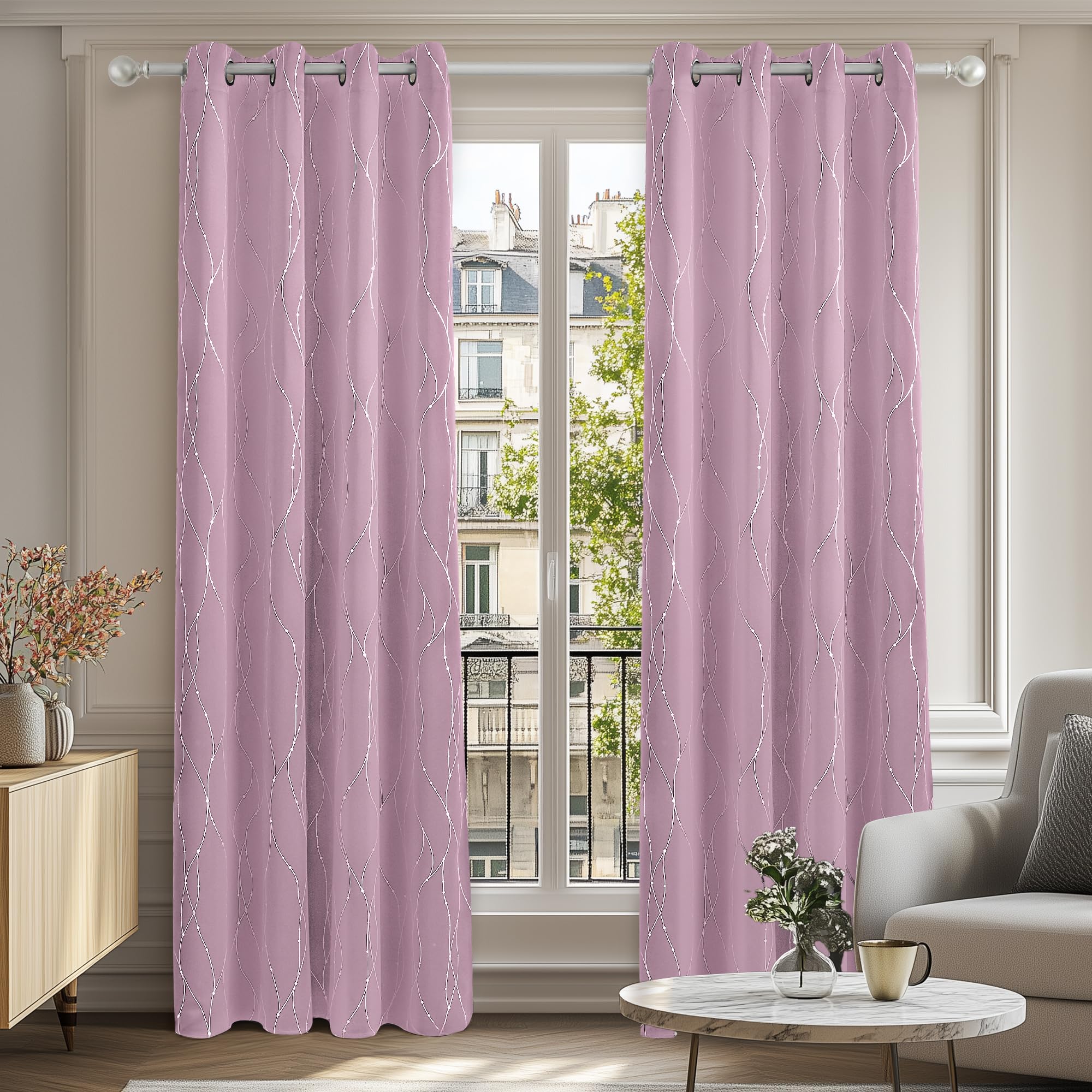 Deconovo Light Pink Dotted Lines Sliver Foil Curtains Kids Thermal Insulated Blackout Curtains Eyelet Curtains For Bedroom 55 X 114 Inch