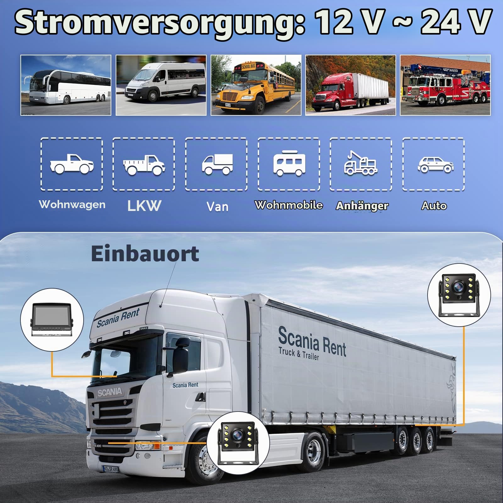 CAMECHO RV Rückfahrkamera Kit mit 8-Zoll-LCD-Monitor+ AHD 1080P Rückfahrkamera*2 mit Nachtsicht IP69 Wasserdicht für LKW/Anhänger/Bus/Van/Landwirtschaft mit 5m + 15m Kabel