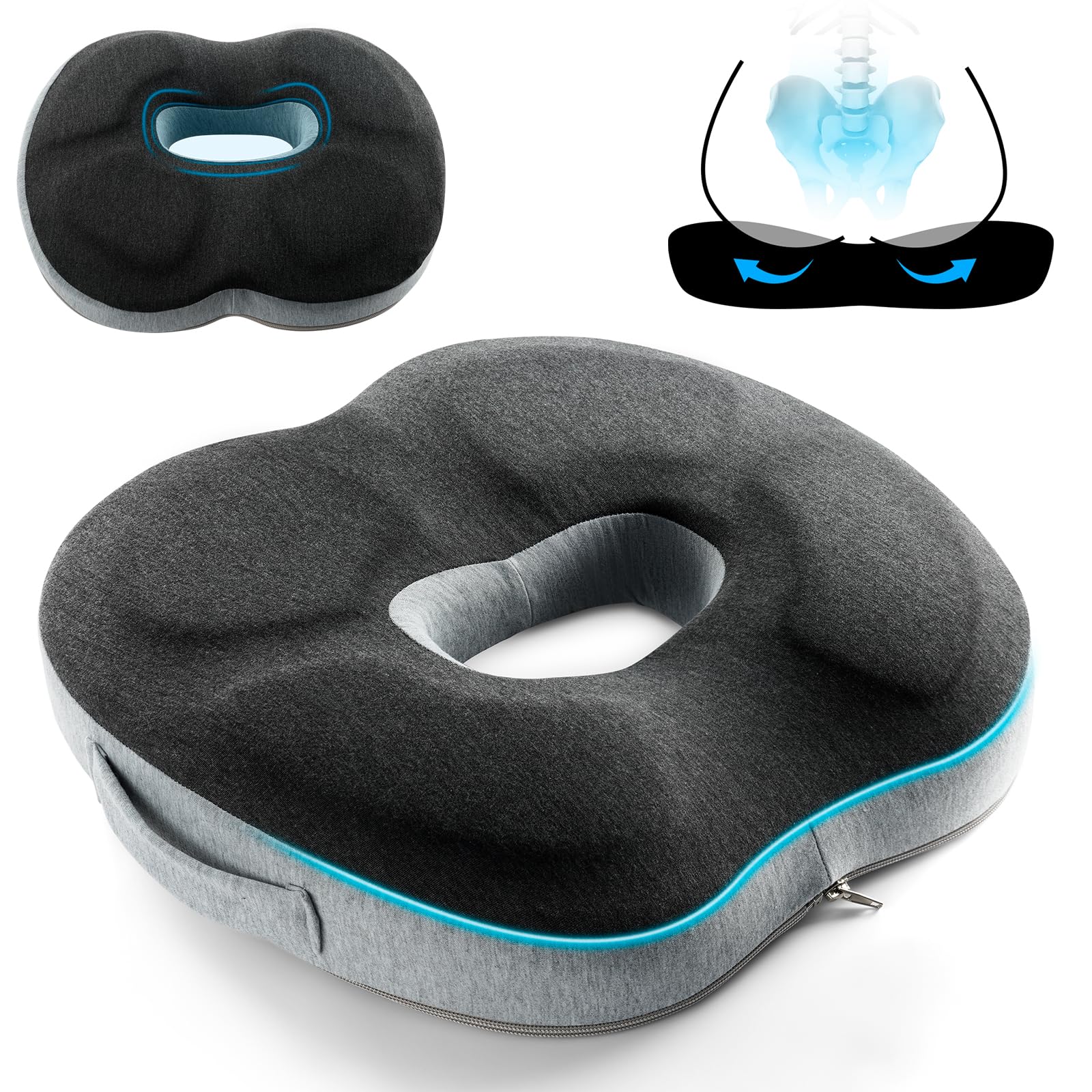 AOOHA Donut Cushion for Hemorrhoids,Memory Foam Seat Cushion with Handle,Orthopedic Memory Foam Ring Seat Cushion,Double U-Shape,for Office Chair, Car, Postpartum PregnancyDonut Pillow