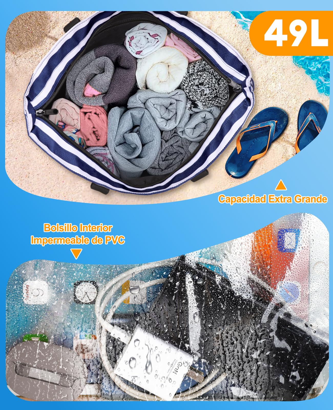 ISEYOU Bolsa Playa con Bolsa Termica Extraíble, Bolso Playa Mujer Impermeable con Cremallera 49L, Bolsas Grandes XXL Familiar con 8 bolsillos Plegable para Viajes, Picnic, Vacaciones