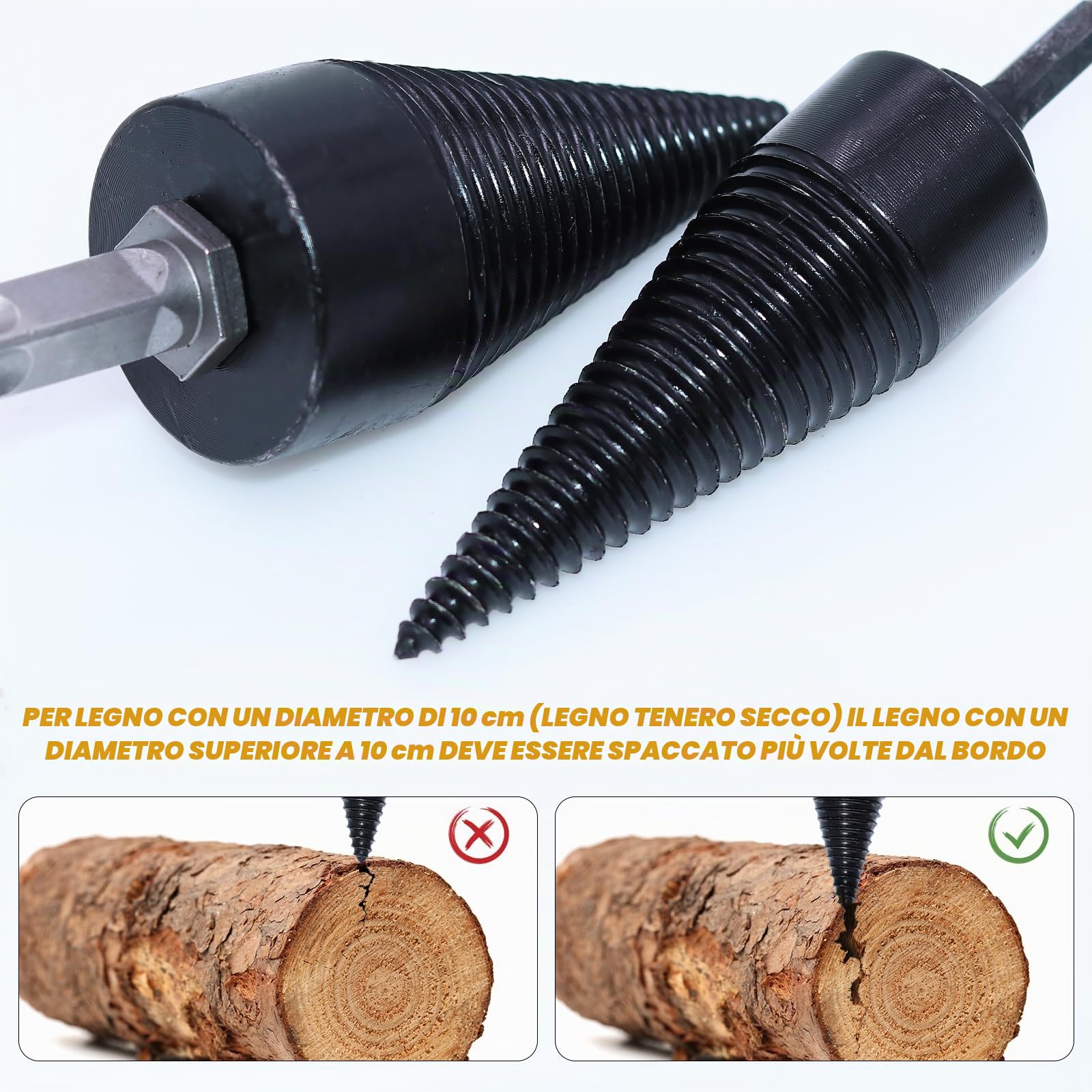 Set di spaccalegna da 42 mm + 32 mm, spaccalegna con 4 manici per trapano, spaccalegna per legna da ardere, cono per legno spaccalegna per trapano