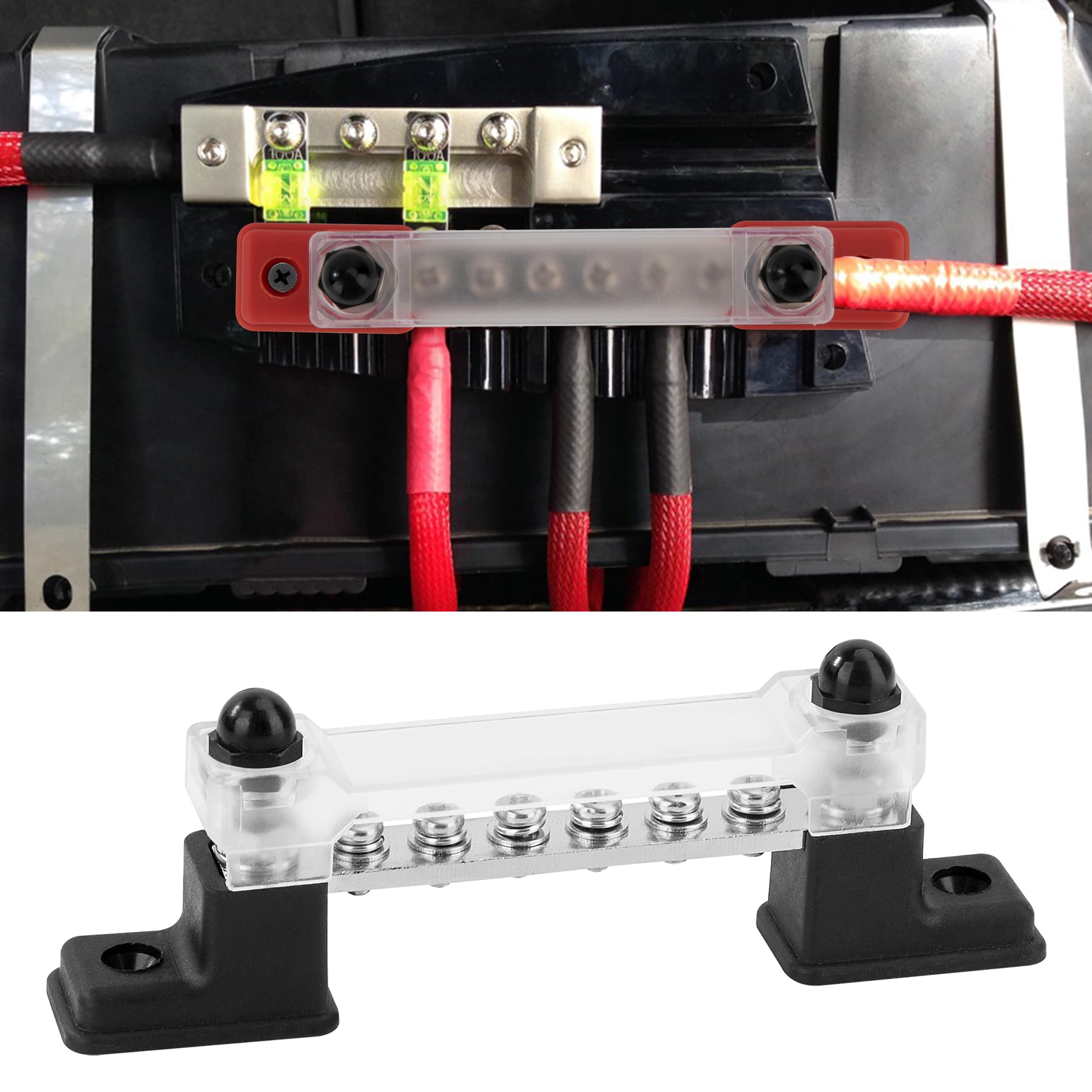 Samione Sammelschienenblock 250A 12–48V – 4x M10, Rot/Schwarz, Für Auto & Boot
