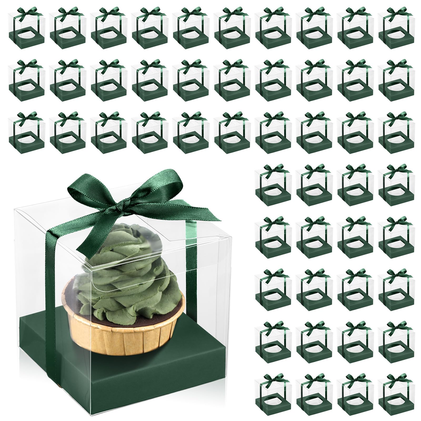Thenshop 50 Pcs Clear Cupcake Boxes Individual 3.5 Inch, Green