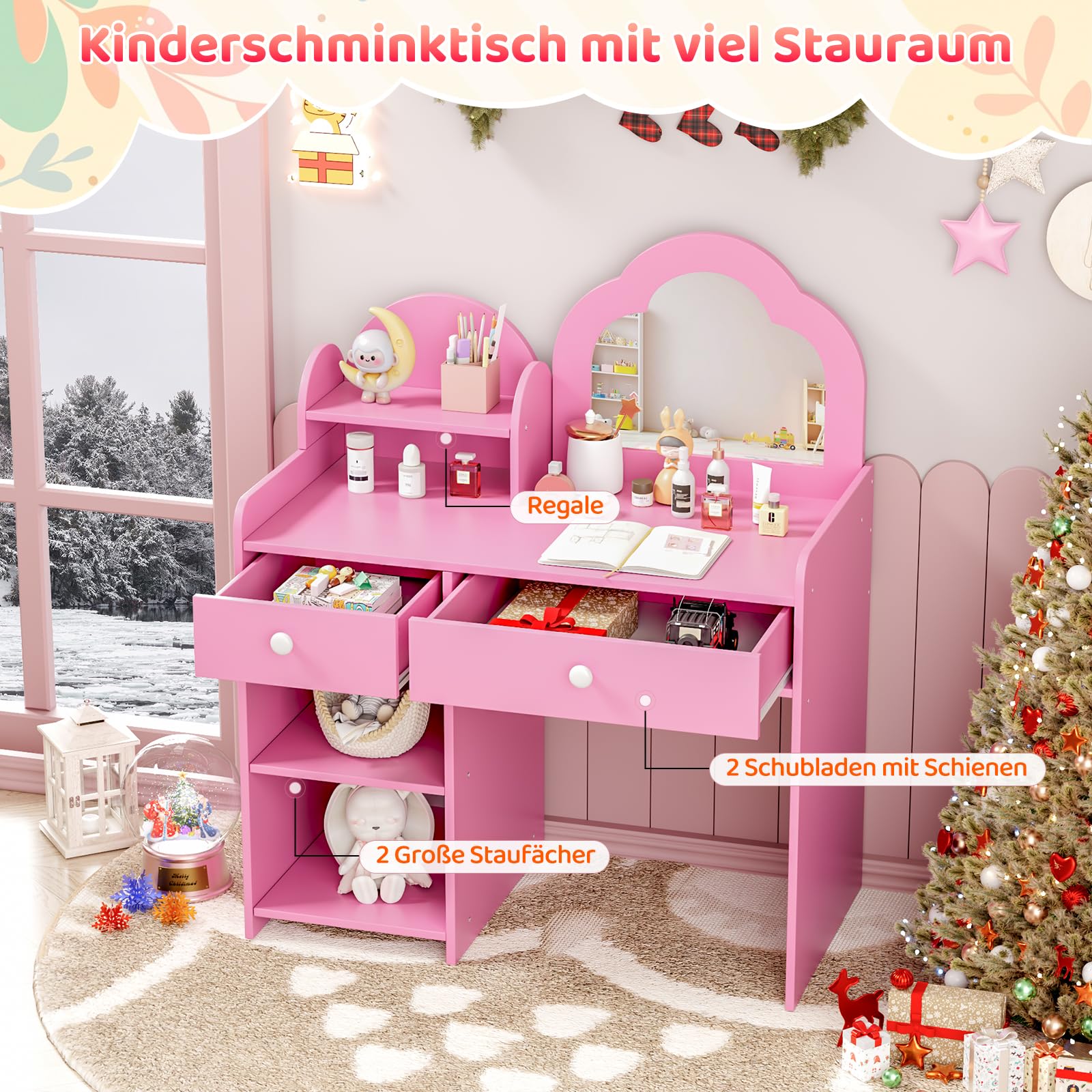 MAMIZO Tocador Infantil con Taburete y Espejo, Tocador para Niños con Cajón, con Forma de Nube, Robusto y Estable, 2 en 1 Mesa de Maquillaje Infantil 3,5x40x90,5cm, para 3-8 Años (Rosa)
