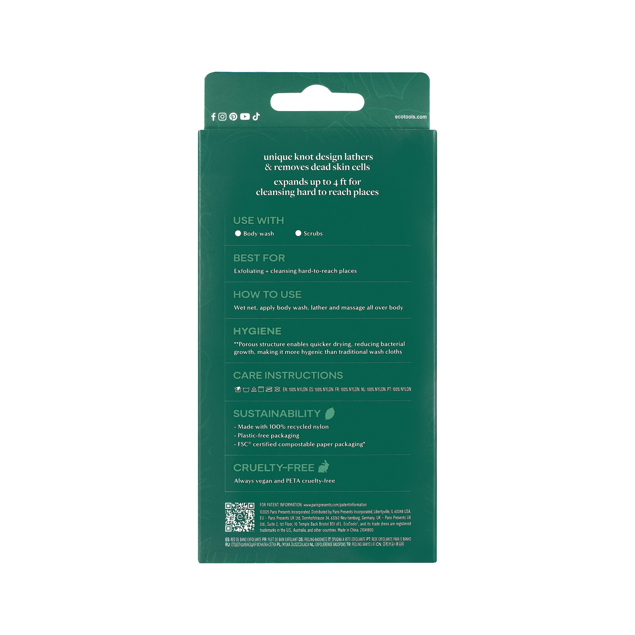 EcoTools Peeling-Badennetz, inspiriert von afrikanischem Badennetz-Schwamm, peelt und reinigt den ganzen Körper, flexibel und wiederverwendbar, umweltfreundlicher Körperschrubber, vegan und