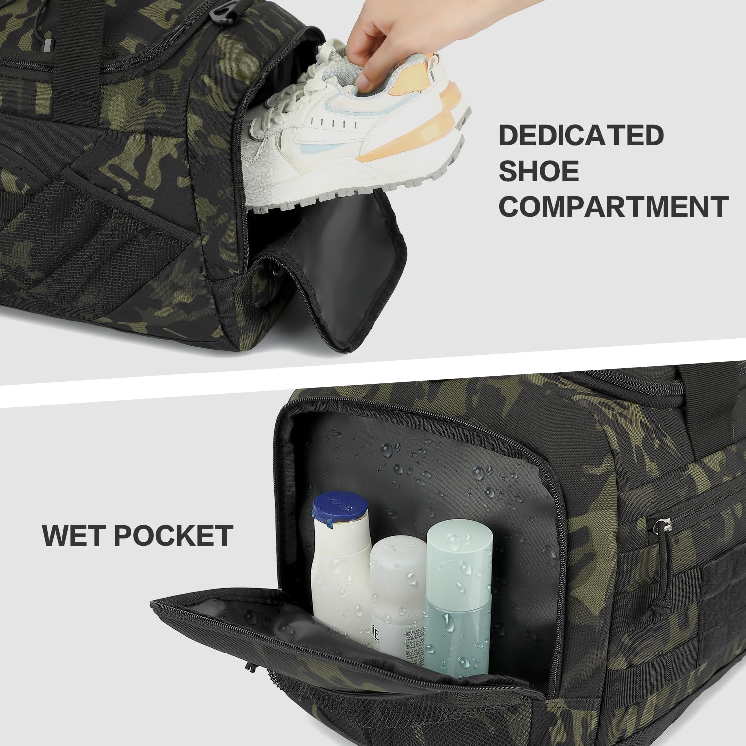 Borsone Palestra Tattica per uomo Donna 45L Borsa Sportiva Impermeabile con Porta Scarpe e Tasca Umida Zaino da Viaggio per Militare Fitness Sport Campeggio, Camo