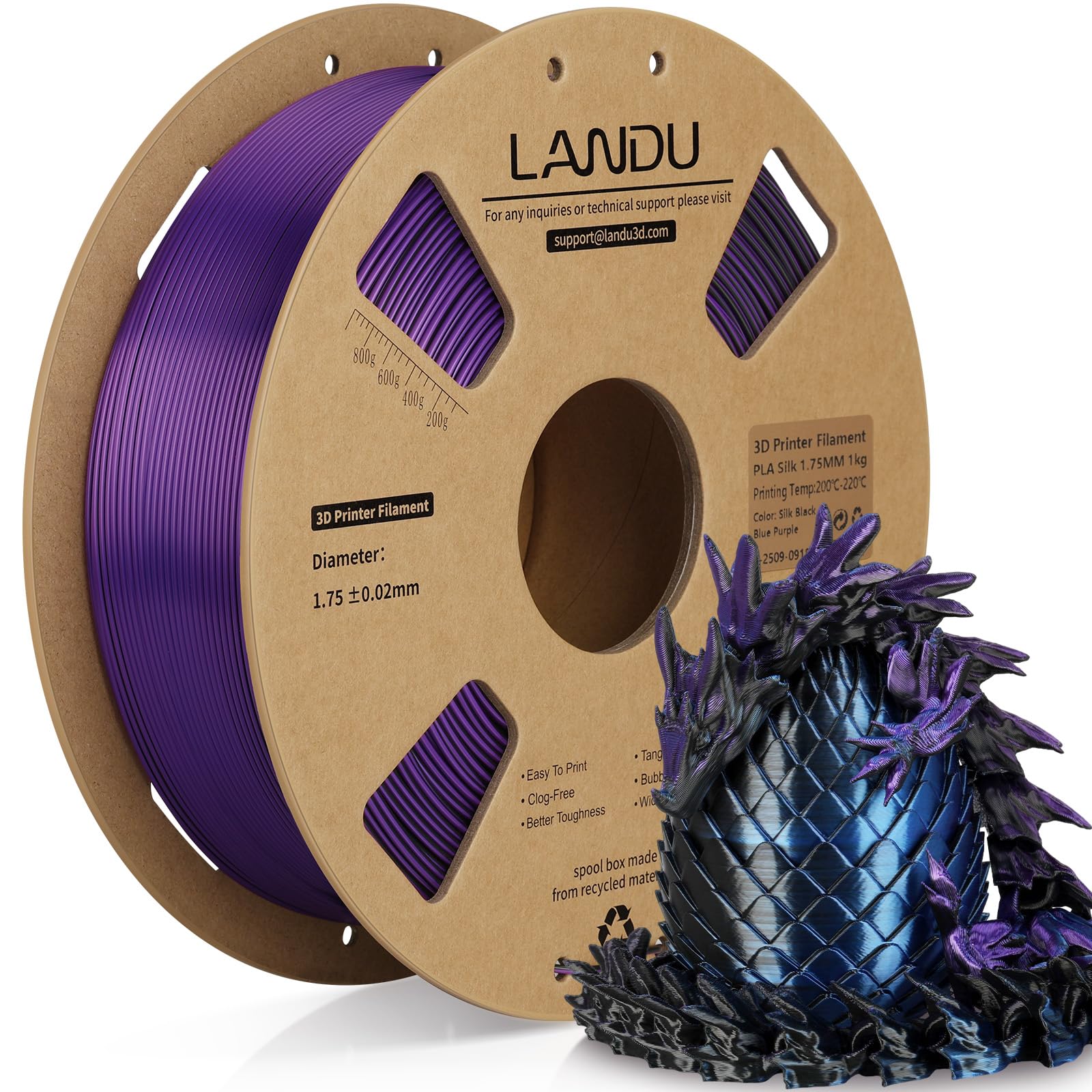LANDU Silk Tri-Color PLA Filament 1.75mm 1Kg,Triple Color Silk PLA Filament, Silk Rainbow PLA Filament,Neatly Wound 3D Printer Filament, 3 in 1 Multi Color Filament +/-0.02mm, Silk Black Blue Purple