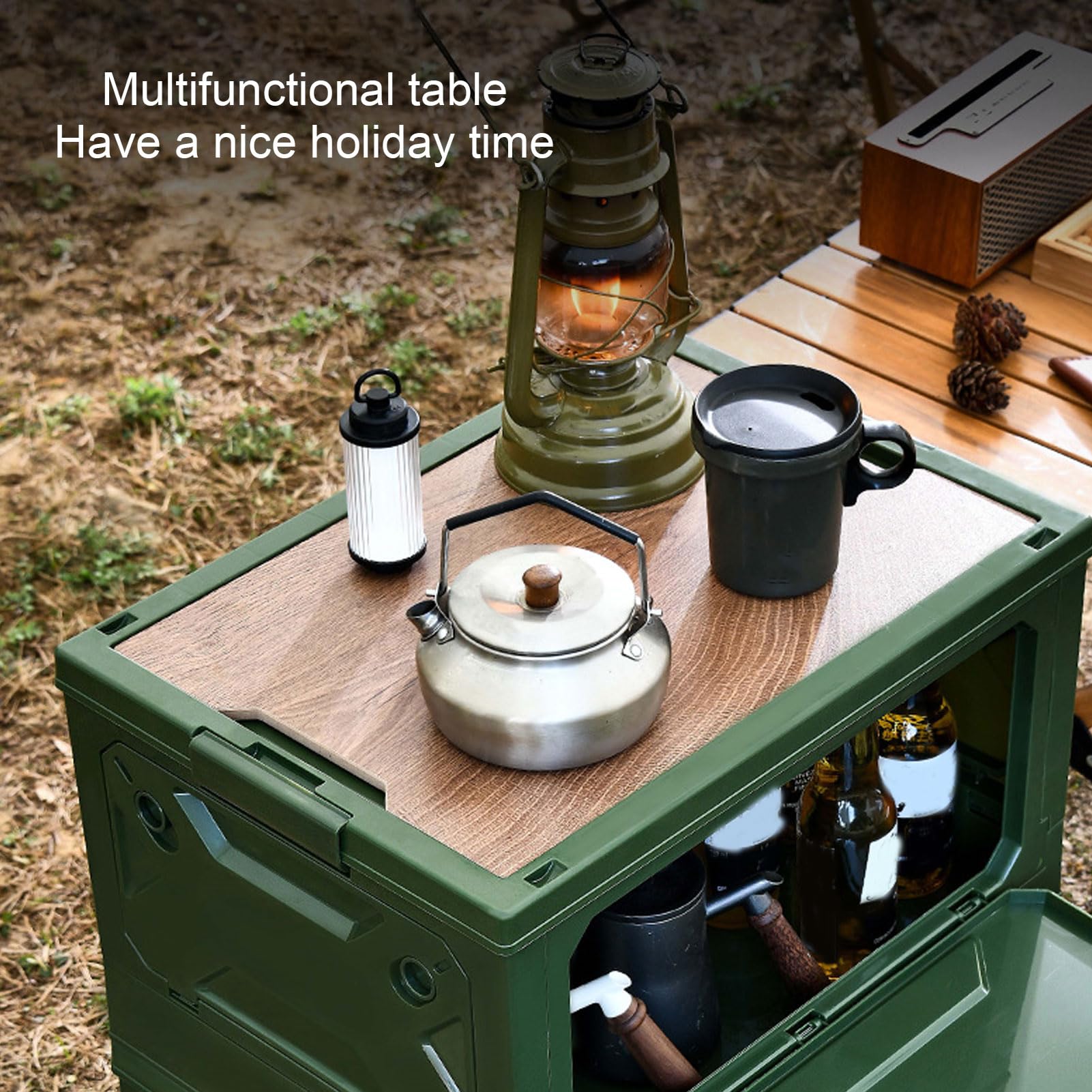 Boîte de Rangement de Camping Pliable, Bacs de Rangement Empilables avec Couvercle, Conception à Poulie, étanche, Ouverture sur 5 Côtés, Bacs de Rangement Pliants de Camping pour Voiture et(Vert)