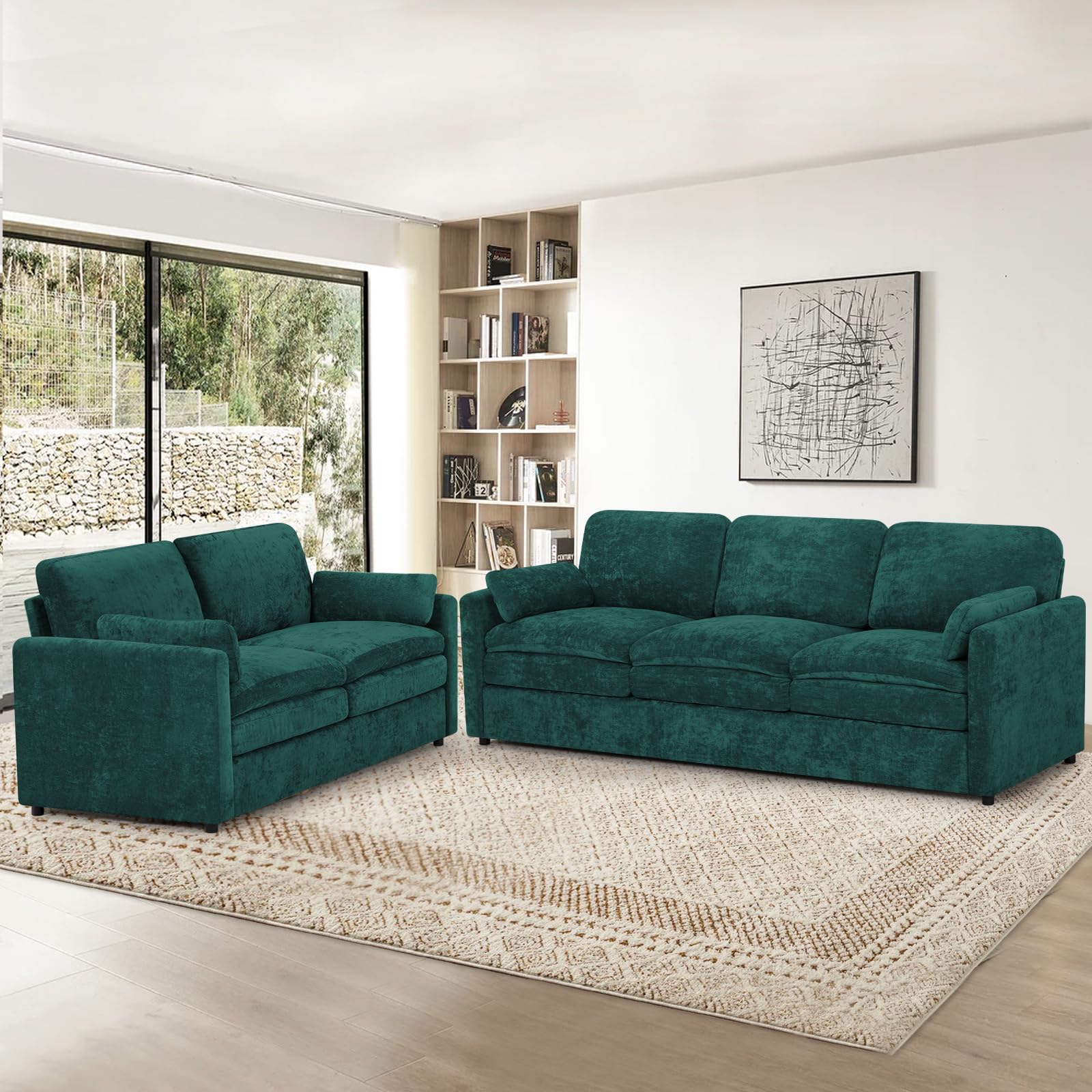 ACMEASE 2 Pieces Chenille Sofa Set w/Arm Pillows, Upholstered Loveseat & 3 Seater Sofa w/Comfortable Back Cushions, Modern 2-Seat & 3-Seat w/
