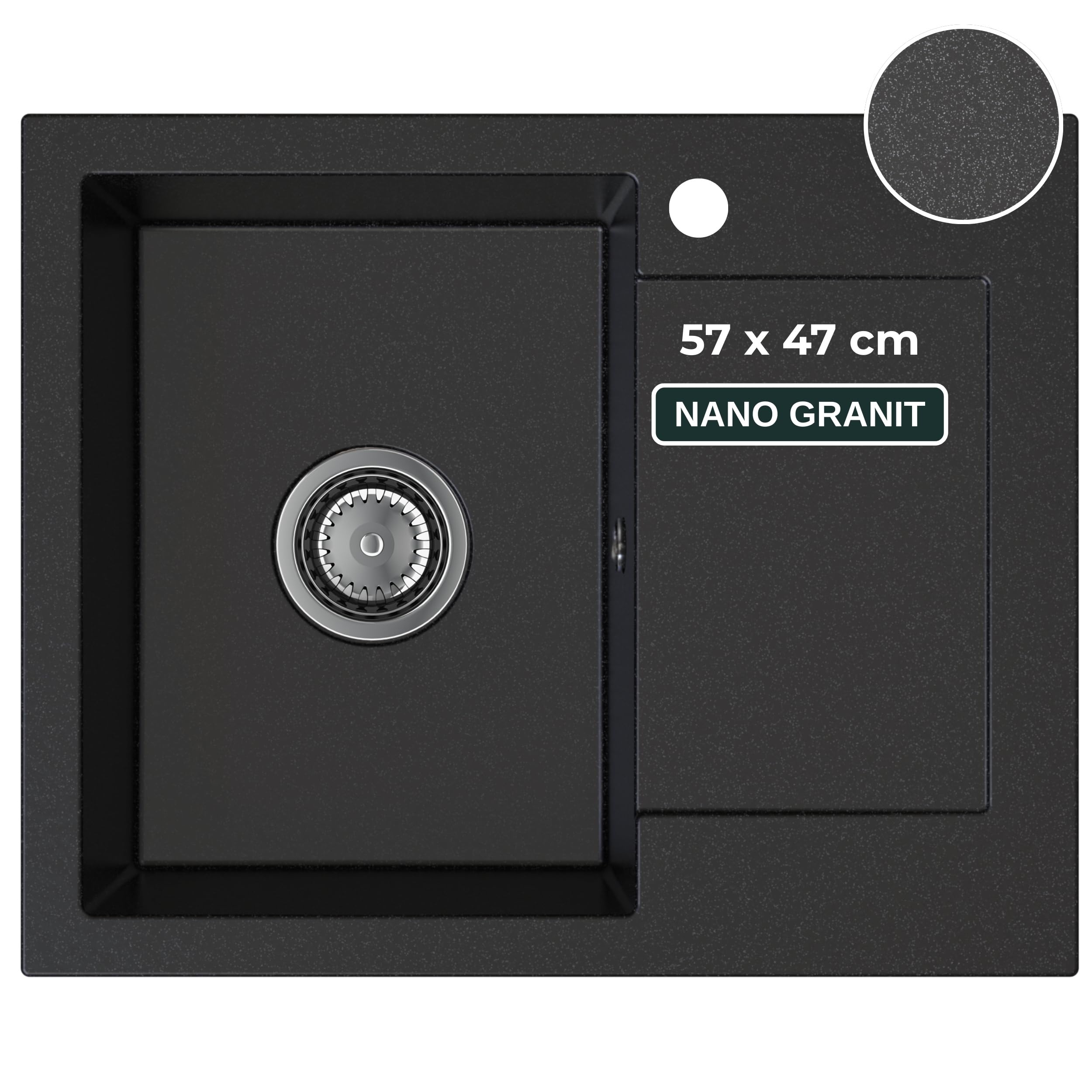 SINK QUALITY zlewozmywak granitowy czarny cętkowany 58 x 47 – zlewozmywak z syfonem i środkiem impregnującym – zlewozmywak kuchenny czarny nakrapiany z ociekaczem do szafki pod umywalkę 50