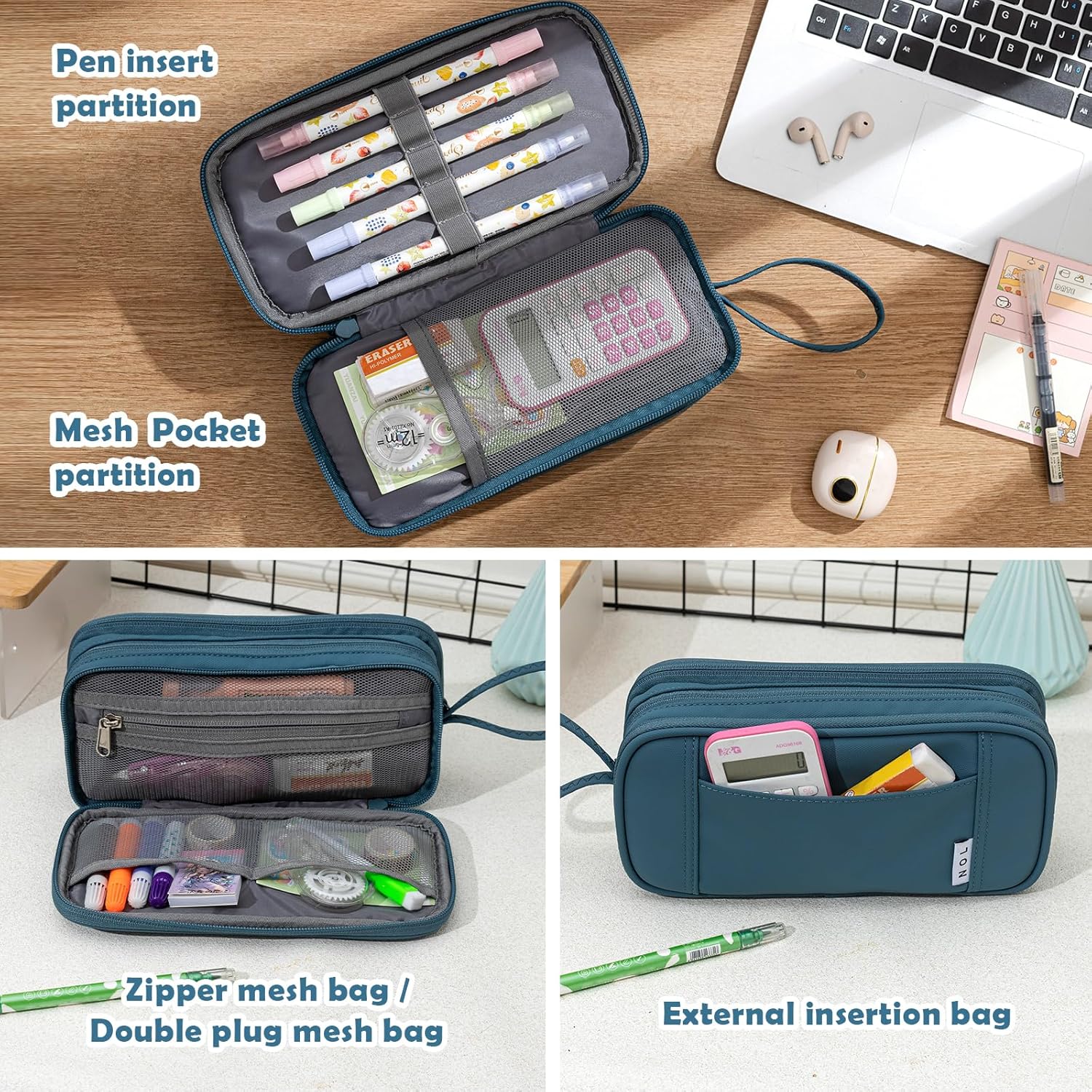 NOL Natural Organic Lifestyle Large Capacity Pencil Case Zipper Pencil Purse 3 Compartment Pencil Pouch Office Stationery Organizer Multi-functional Pencil Bag for School Girl Boy Adults - Dusty blue - Image 5