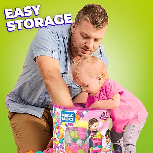 Miniatura 2 de Mega BLOKS First Builders - Bolsa de construcción grande rosa + mesa Build 'n Learn, paquete de juego de construcción, 110 piezas, juguetes de