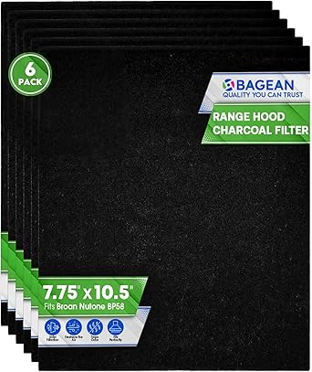 Range Hood Charcoal Filter 7.75” x 10.5” - Fits Broan and Nutone BP58 For 43000 Series Range Hoods - Broan Range Hood Filter Replacement - Carbon Stove Vent Fan Filters Removes Kitchen Odors (6-Pack)