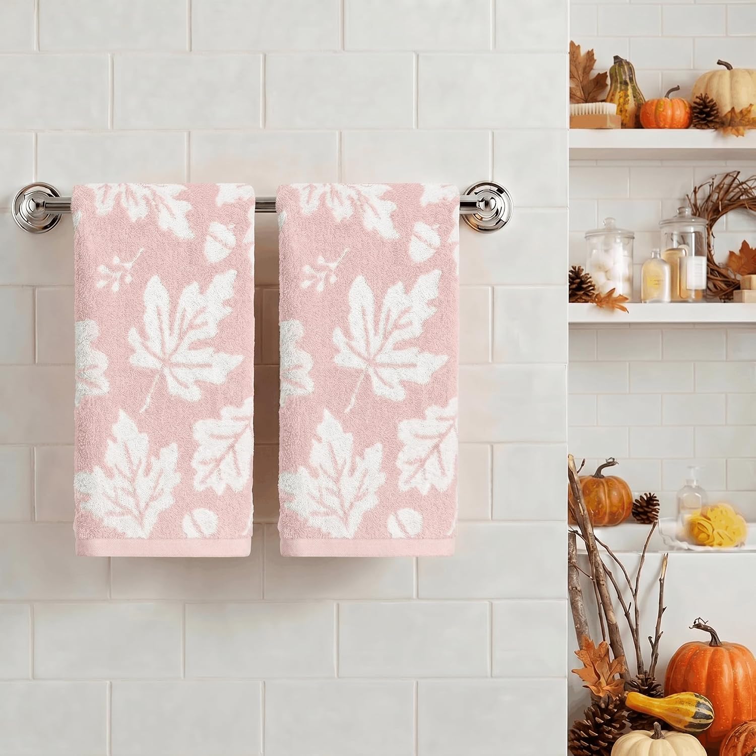 Artoid Mode 2 Pcs Pink Pinecone Leaves Fall Hand Towels for Bathroom image 2