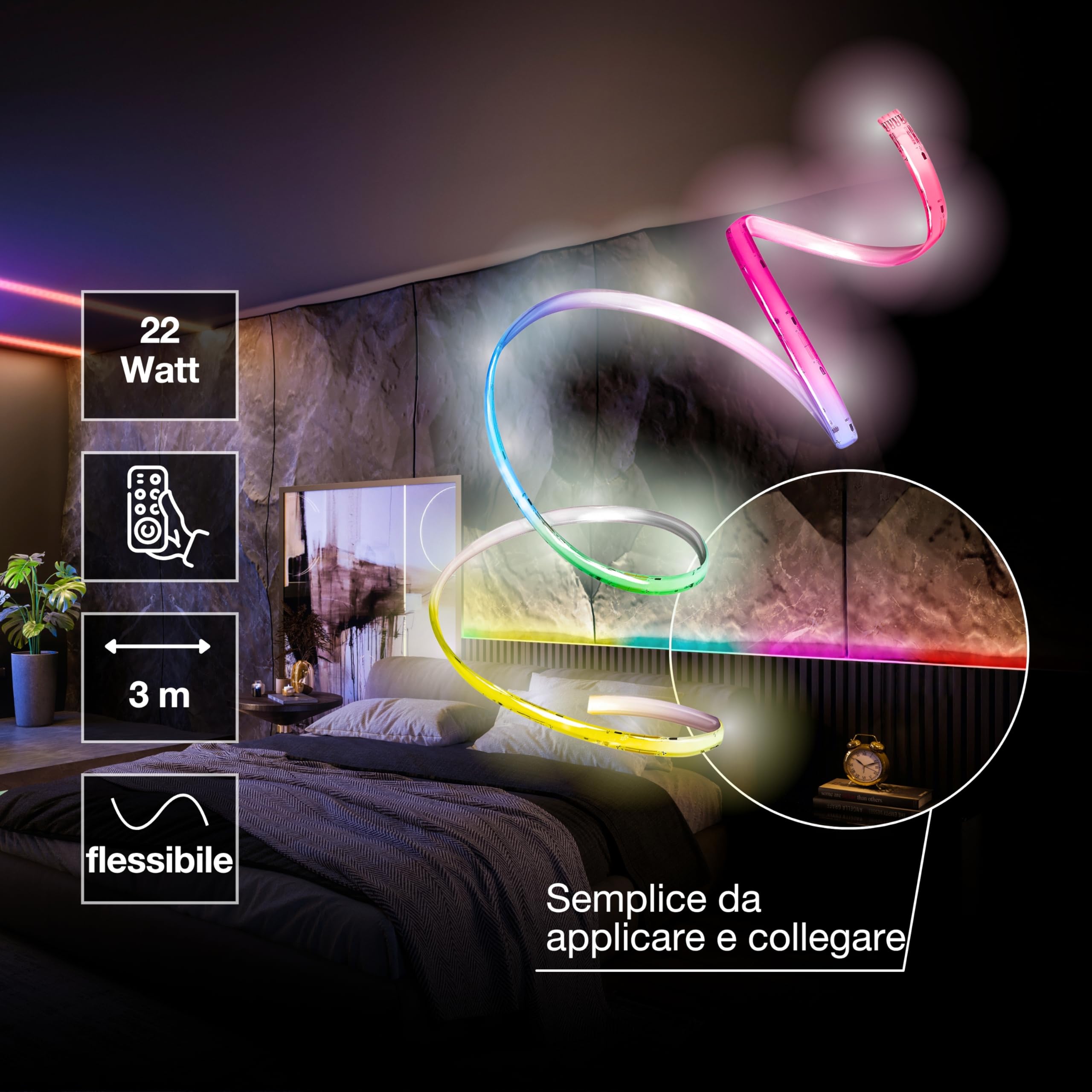 LEDVANCE SMART WIFI Striscia LED con telecomando incluso con controllo del colore MAGIC RGB, tecnologia COB per un effetto luminoso uniforme, 22 W, lunghezza 3 m, per applicazioni interne