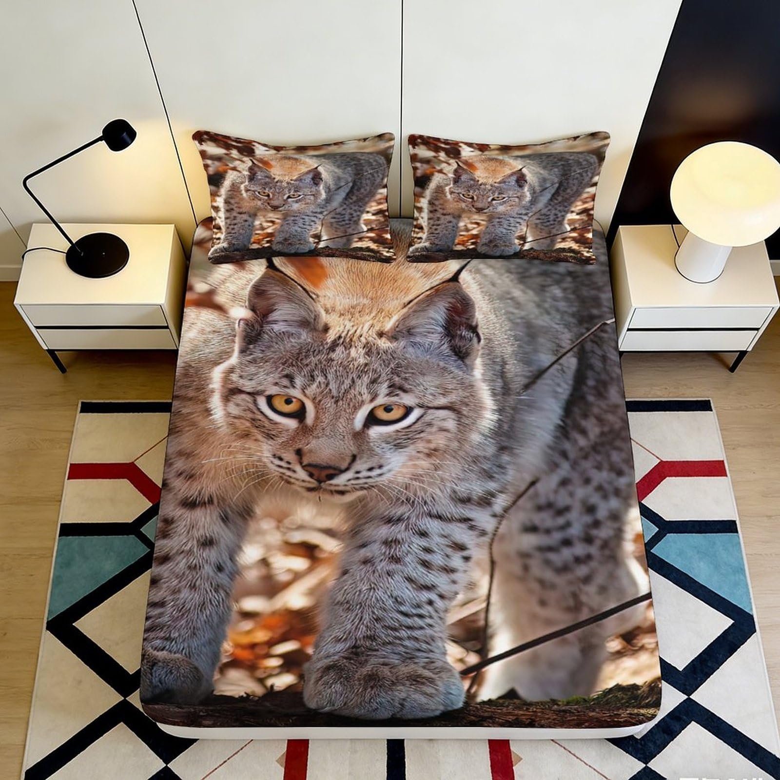 3D Printed Lynx Animal Fitted Sheet Microfiber Soft Durable Wild Cat Bed Cover for Bedroom Dormitory Guest Room Mattress Protection Decor 160x200x25cm