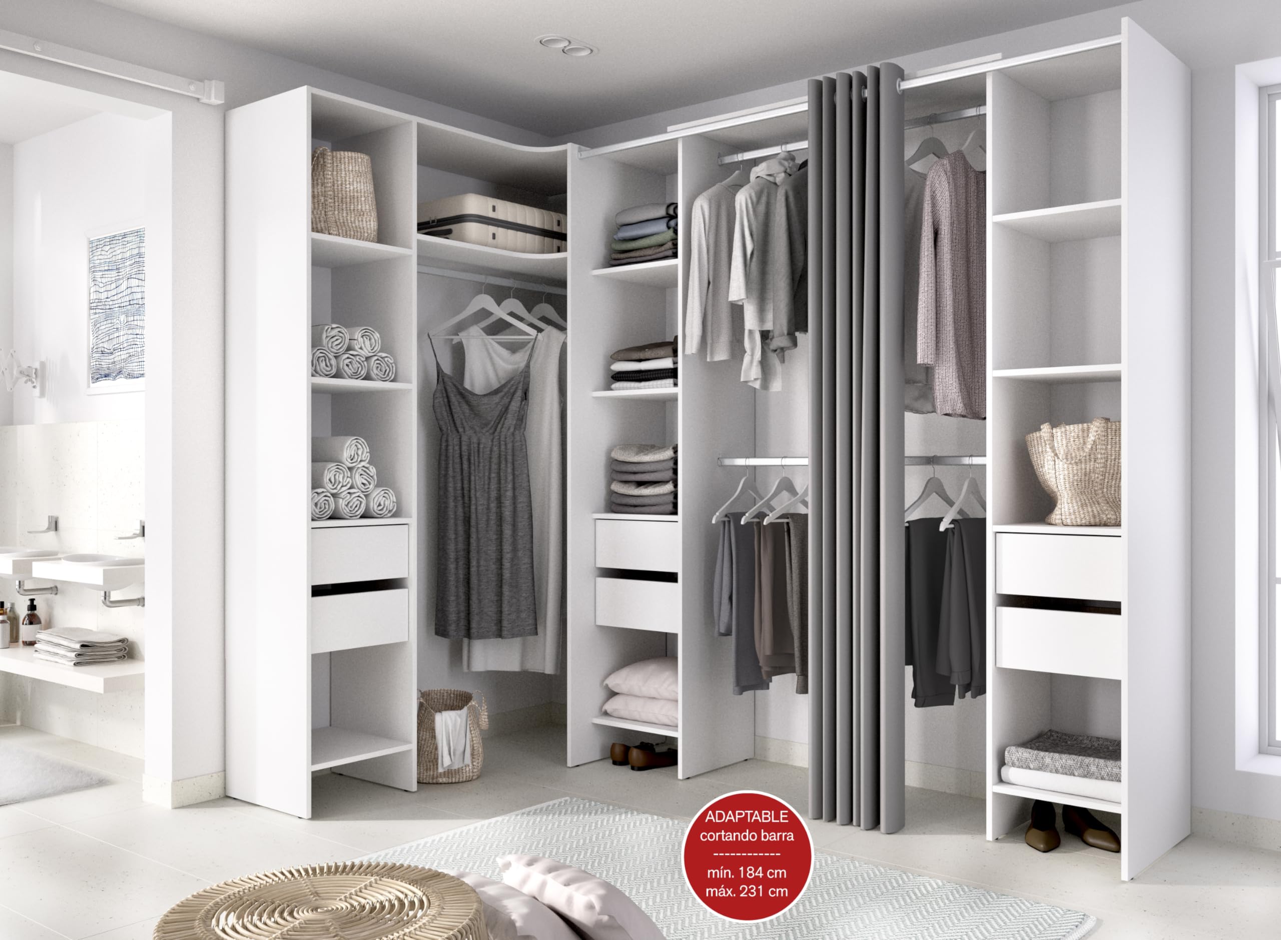 DEKIT GRUPO RIMOBEL SUIT - Conjunto de Vestidor rinconero con dos columnas, zona de barras y cortina - Blanco - 205 x 164-234 x 141 cm