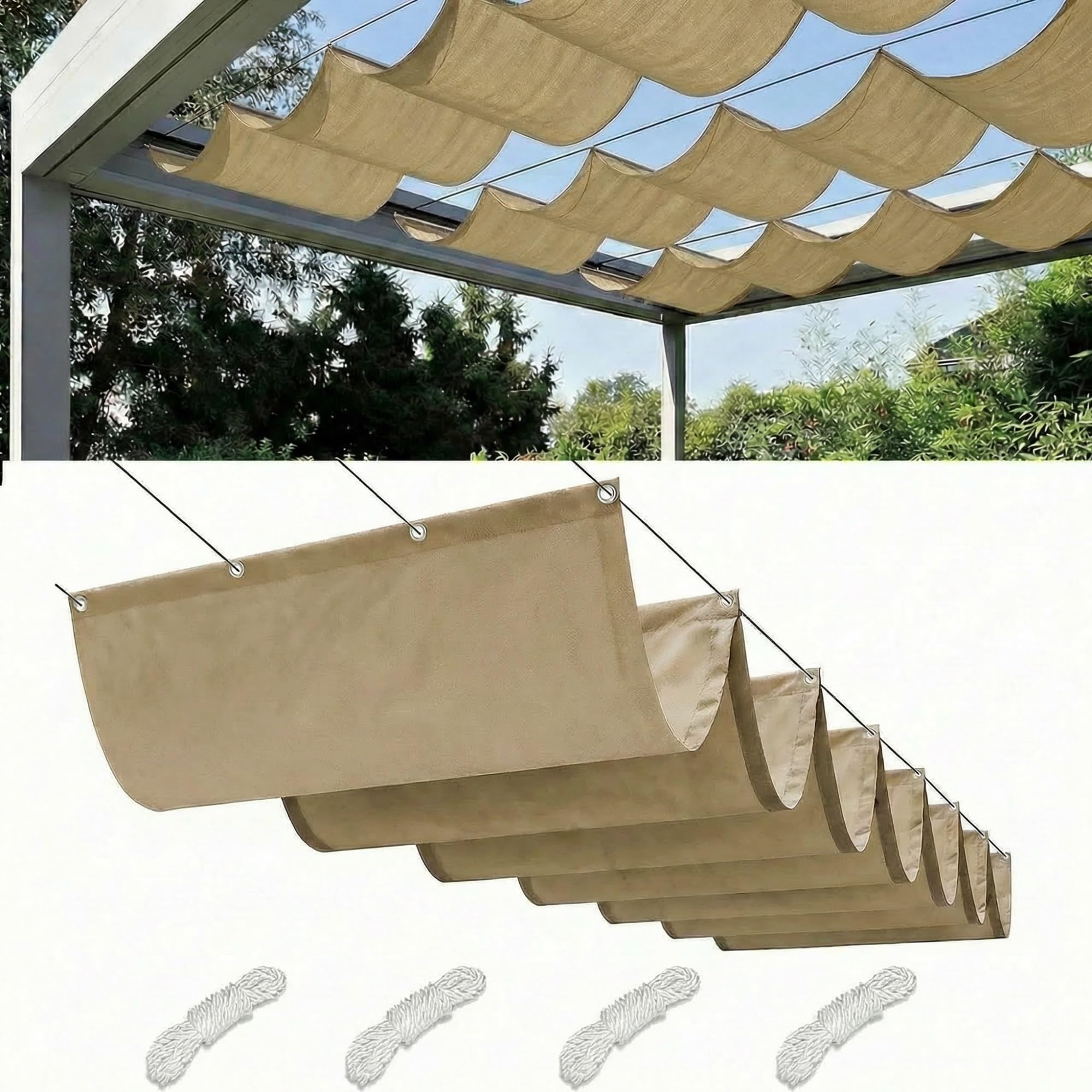 Retractable Wave Sun Shade Sail Waterproof Pergola Cover 95% UV Protection Outdoor Awning Canopy with Ropes for Patio Garden Deck Porch BBQ Shelter Privacy Screen Summer(Khaki,2.5x4M(L x W)) — image 1