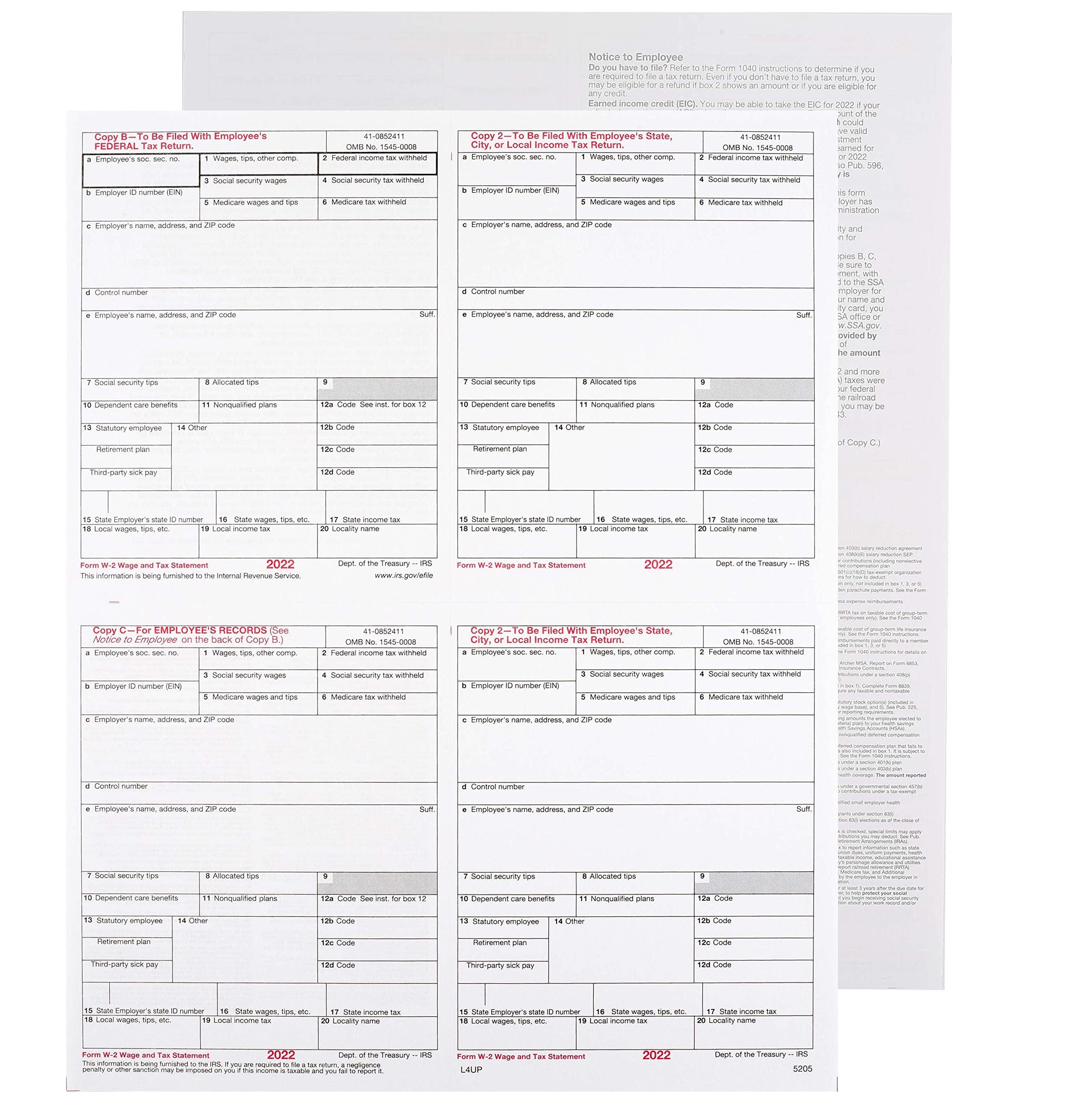 2024 Pre-Printed W-2 4-Up Laser Tax Forms 50 Pack