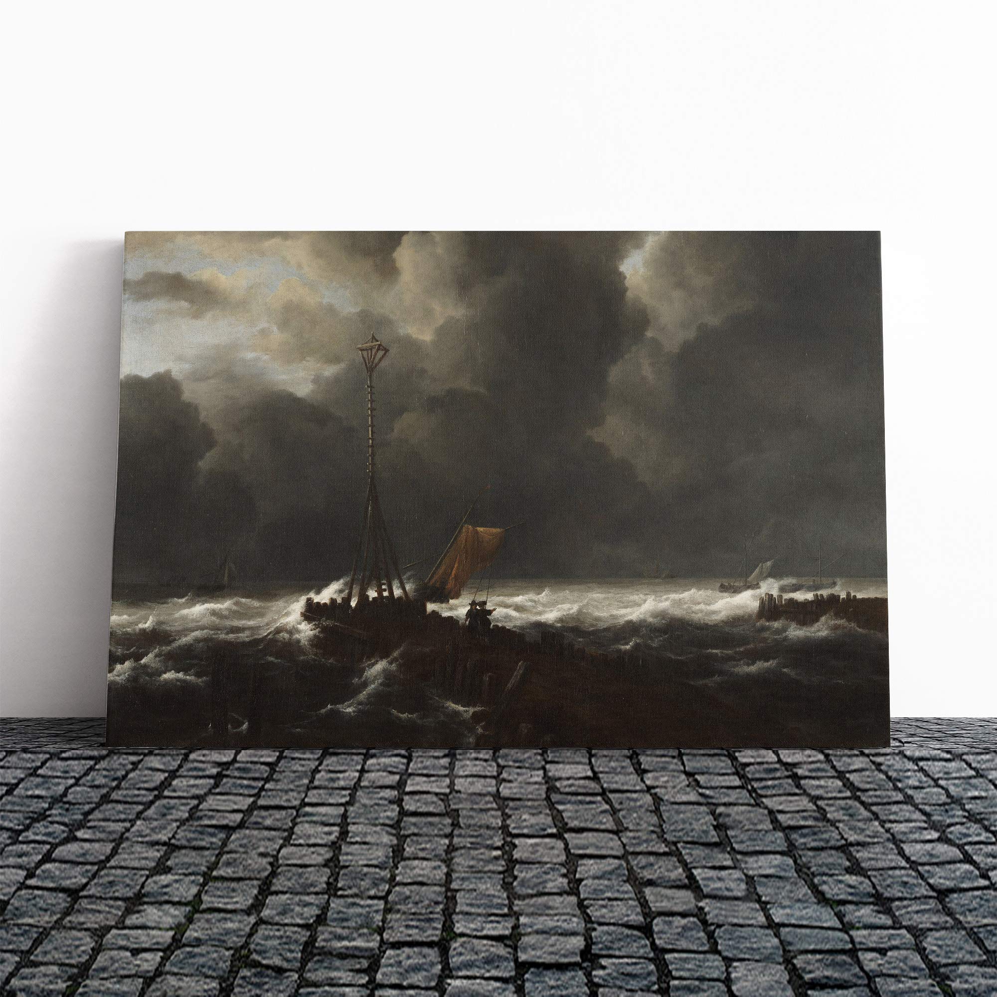 Jacob Ruisdael Rough Sea at a Jetty Canvas Print | Gallery Wrapped 30mm Frame Wall Art | 24x16 inches | Ready to Hang | Modern Seascape Picture | Living Room Bedroom Lounge Office
