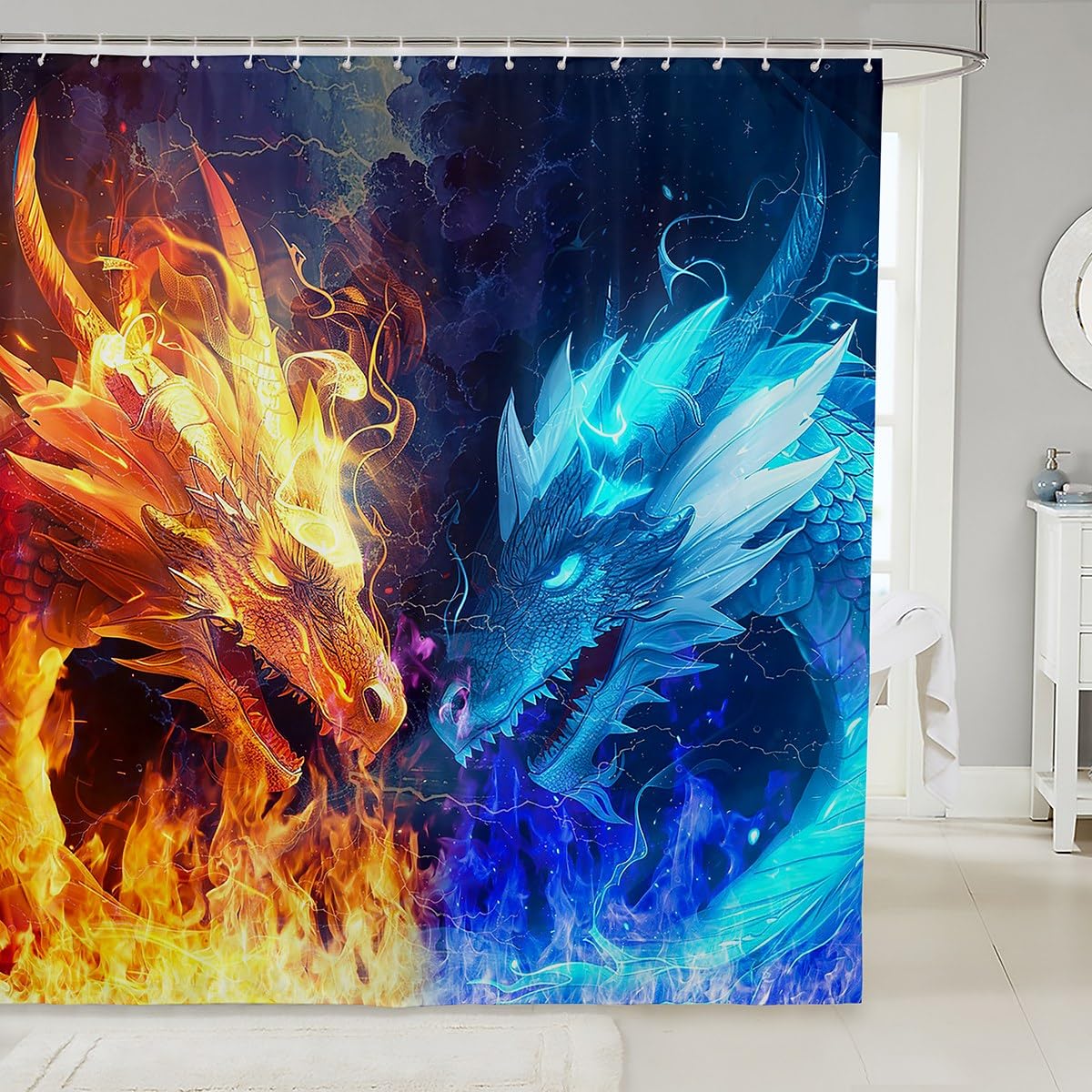 Ice Fire Dragon Shower Curtain,Wildlife Pattern Bathroom Curtain for Kids Boys Girls Bathroom Decor,Blue and Gold Animal Waterproof Curtain,Cool