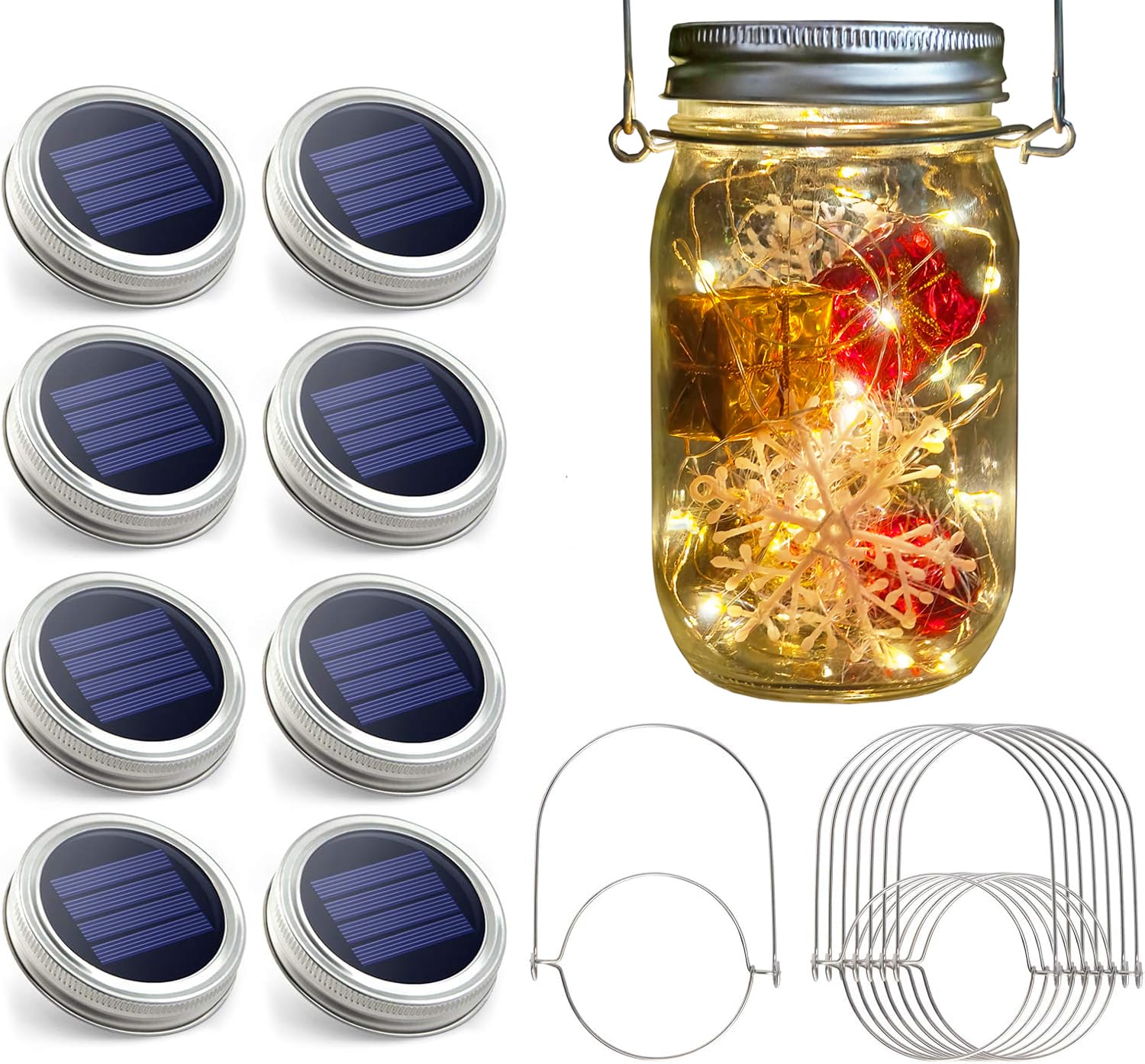 Solar Mason Jar Lights - 8 Pack 30 LED Solar Fairy Lights Outdoor, Waterproof Mason Jar Lids Lights Solar Powered String Lights with Hangers(NO Jars) for Garden Patio Lantern Decor