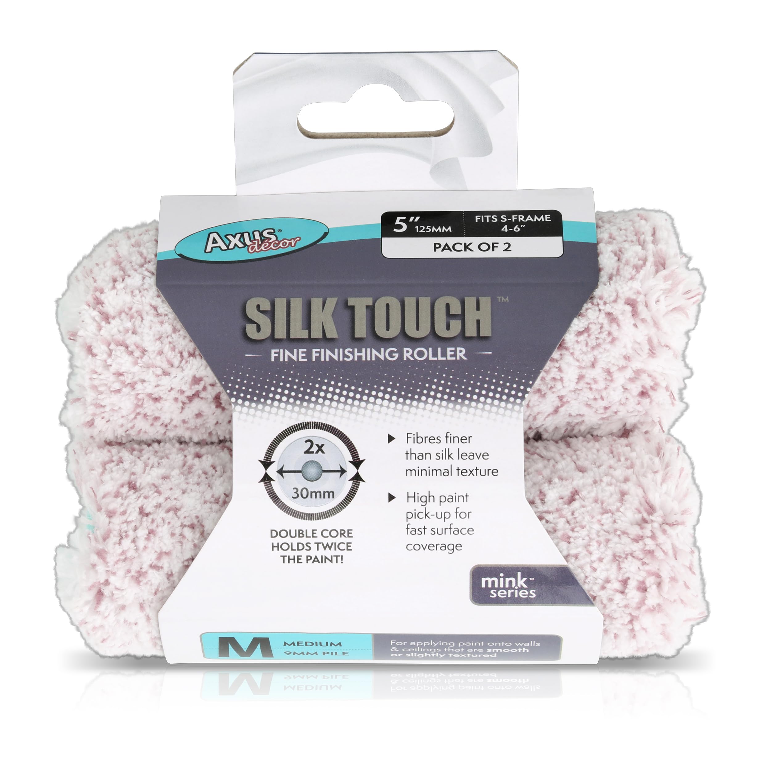 Axus Decor Silk Touch Roller, Medium Pile (Mink Series) For Professional & DIY Projects, Suitable for Smooth & Slightly Textured Walls or Ceilings,Compatible with Mini Frame - 5"/125mm Double Core,2Pk