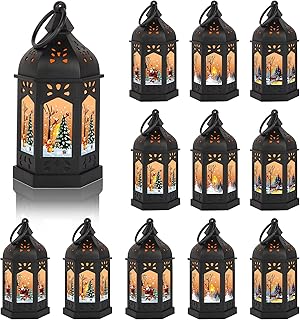LLQ 12Pcs Christmas Decorations Mini Lanterns with Flickering LED Candles, Vintage Black Decorative Lantern, Small Hanging Candle Lanterns with Pattern Glass for Table Holiday Party, Battery Included