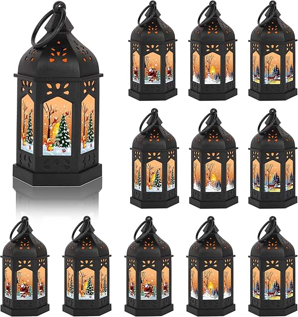 LLQ 12Pcs Christmas Decorations Mini Lanterns with Xmas Pattern & Flicke...
