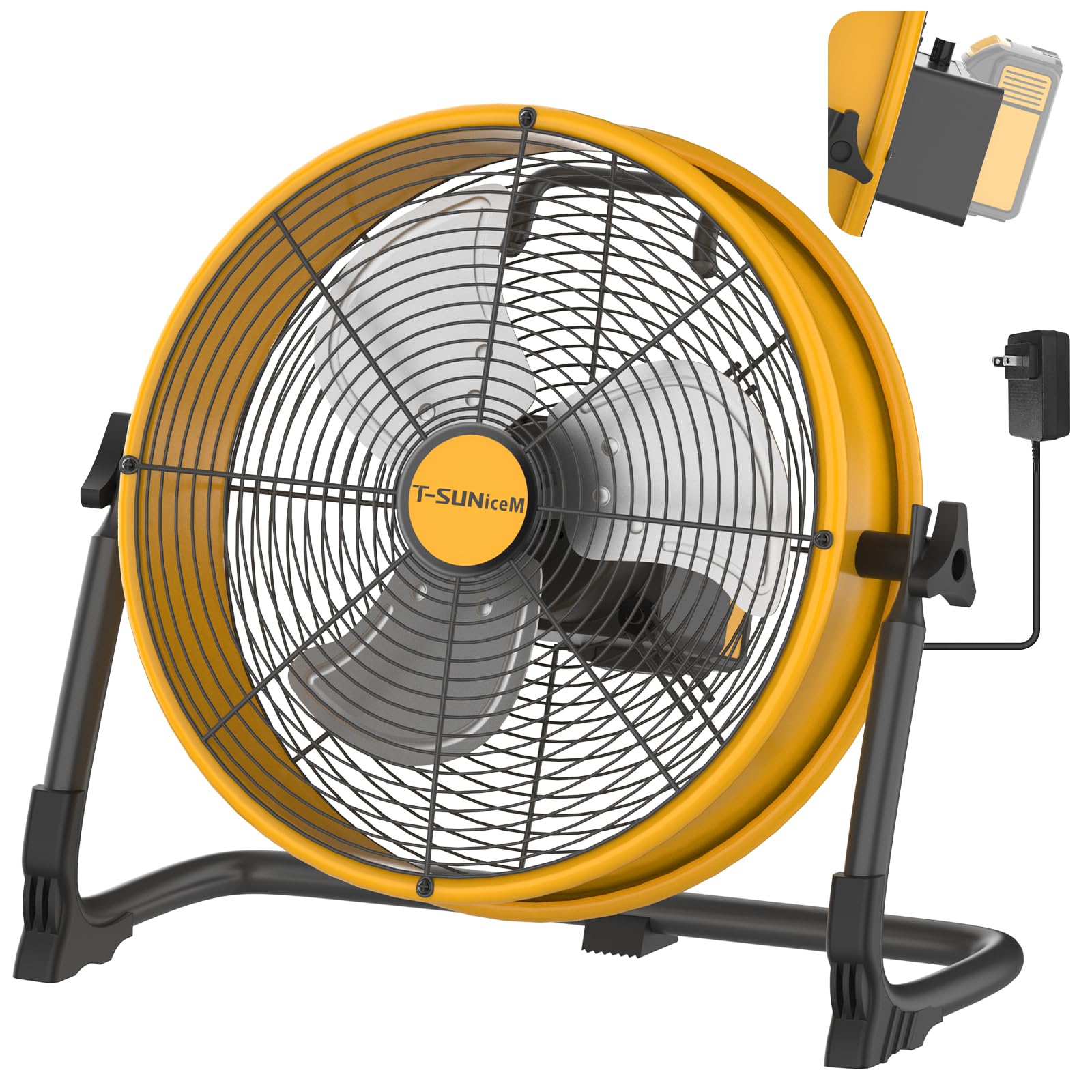 12" Battery Operated Floor Fan Compatible with Dewalt 20V Max Battery, Portable Fan with AC Adapter and USB Output, Metal Industrial High Velocity,