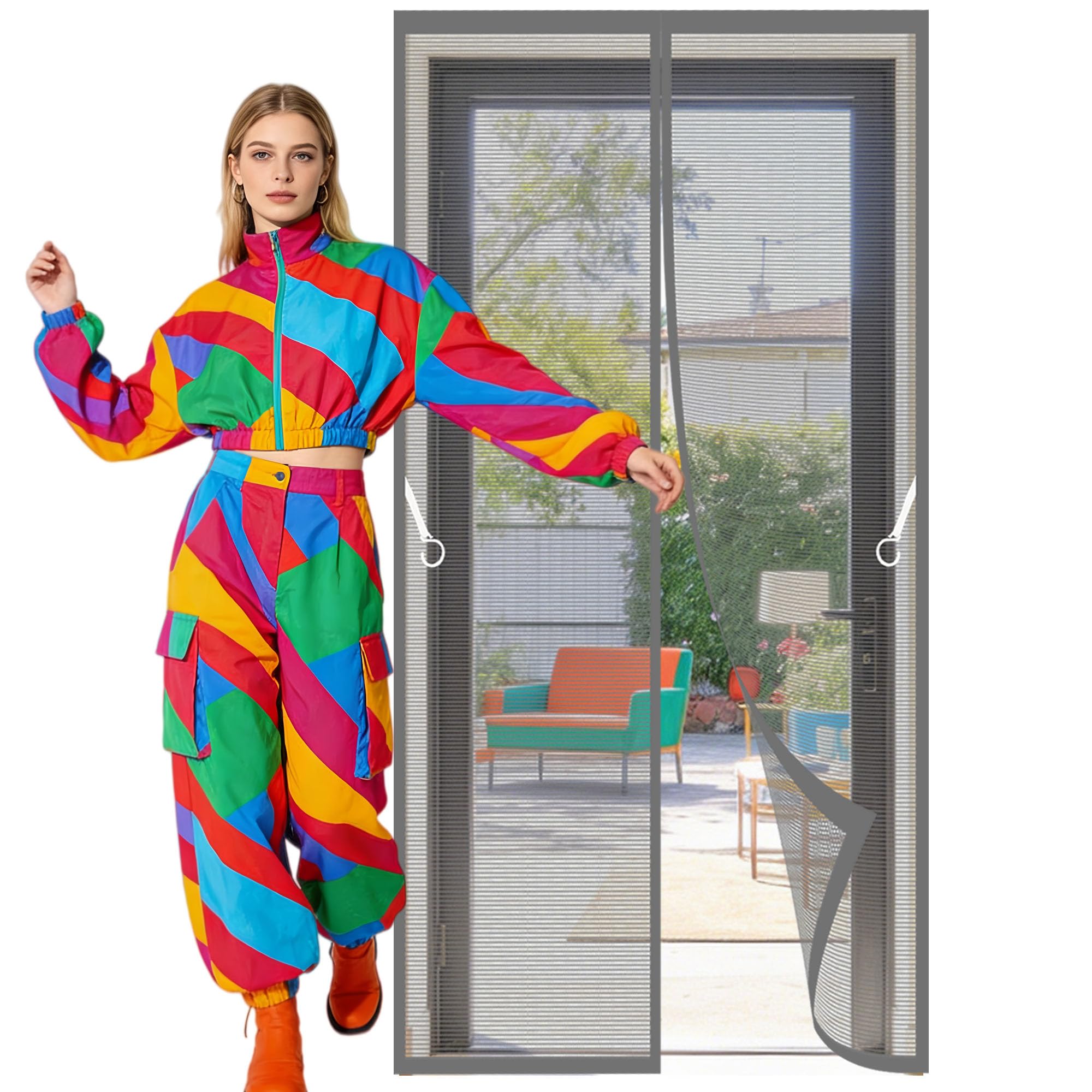 Polyester Magnetic Door 121 x 254 cm Hands Free Closing Fly Insect Screen Door Keep Fresh Air in Bugs Out for Living Room, Bedroom, Patio, Grey