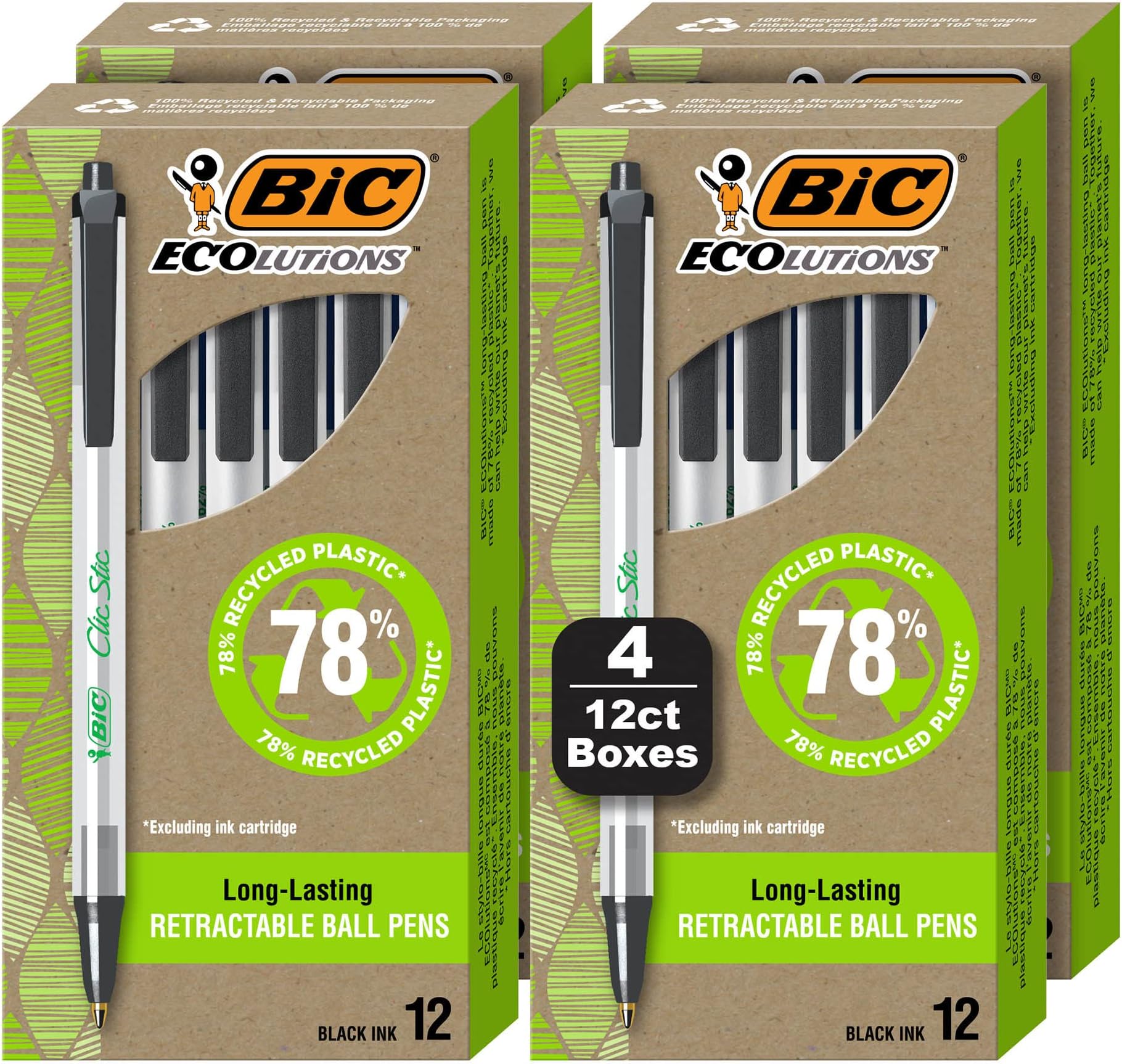 BIC Ecolutions Clic Stic Black Ballpoint Pens, Medium Point (1.0mm), 48-Count Pack, Retractable Ball Point Pens Made from 78% Recycled Plastic