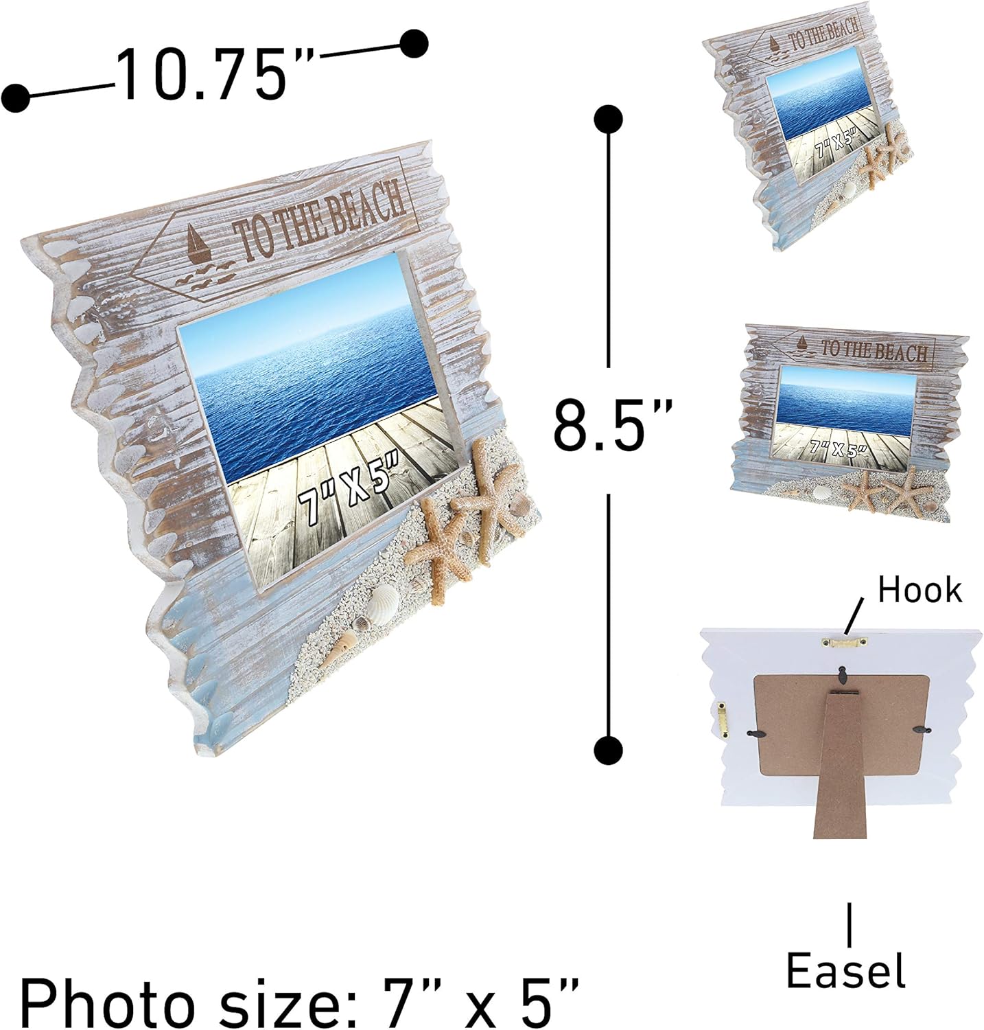 CoTa Global Coastal Horizon 7x5 Picture Frame - Handcrafted Wooden Frame Wall Decor or Tabletop Display, Beach Themed Decor for Home or Office with Cool Ocean Ornaments - Handmade Color May Vary