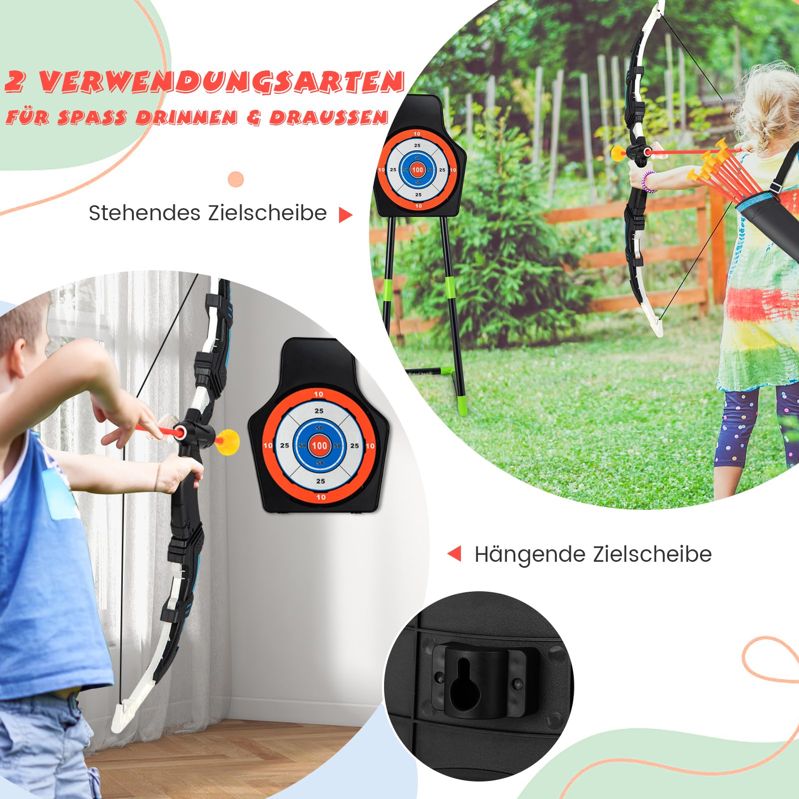 GOPLUS 2 Pack Pfeil und Bogen Kinder, Bogenschießen Set mit LED Leuchten, Kinderbogen mit 2 Bogen, 20 Pfeilen, 2 Köchern & Zielscheibe, Indoor & Outdoor Spielzeug, Spielzeugbogen für Kinder 3-12 Jahre