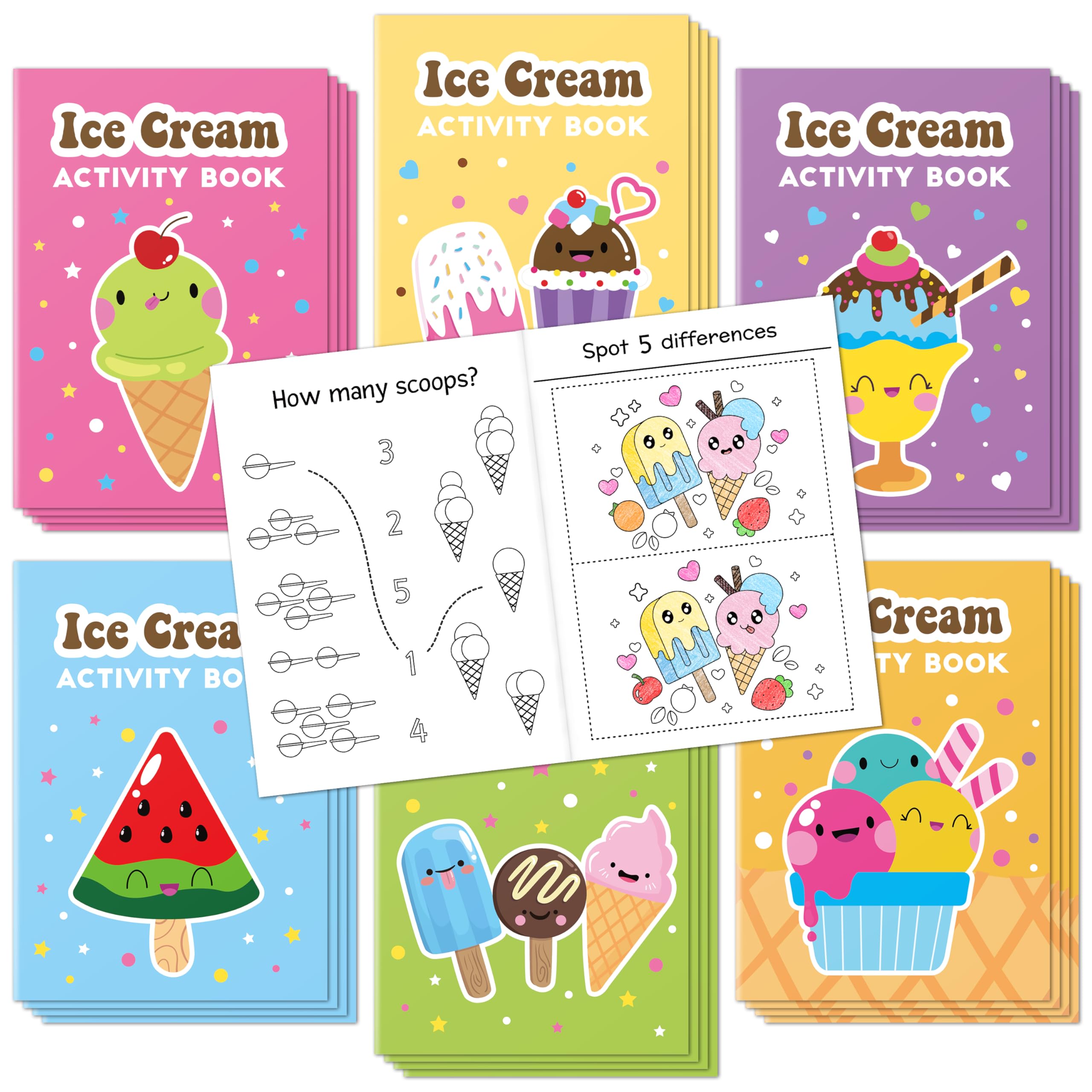 X1zuue Ice Cream Activity Books for Kids 24Pcs Summer Ice Cream Mini Games Coloring Book Set Bulk Mazes Word Search Word Scramble Games for School