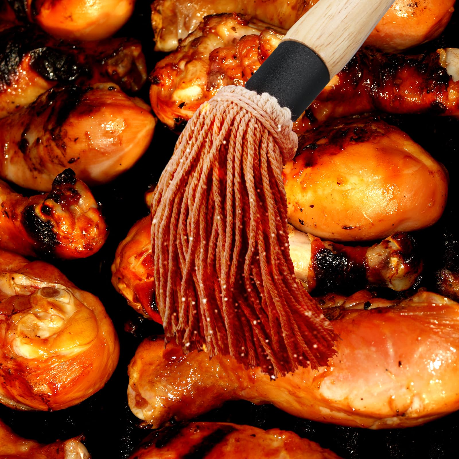 2 Piezas Fregonas para Barbacoa, 46cm Mango Largo de Madera Cepillo para Barbacoa Fregonas para Salsa con 6 Cabezales de Repuesto Adicionales para Barbacoa Parrilla Ahumar Bistec