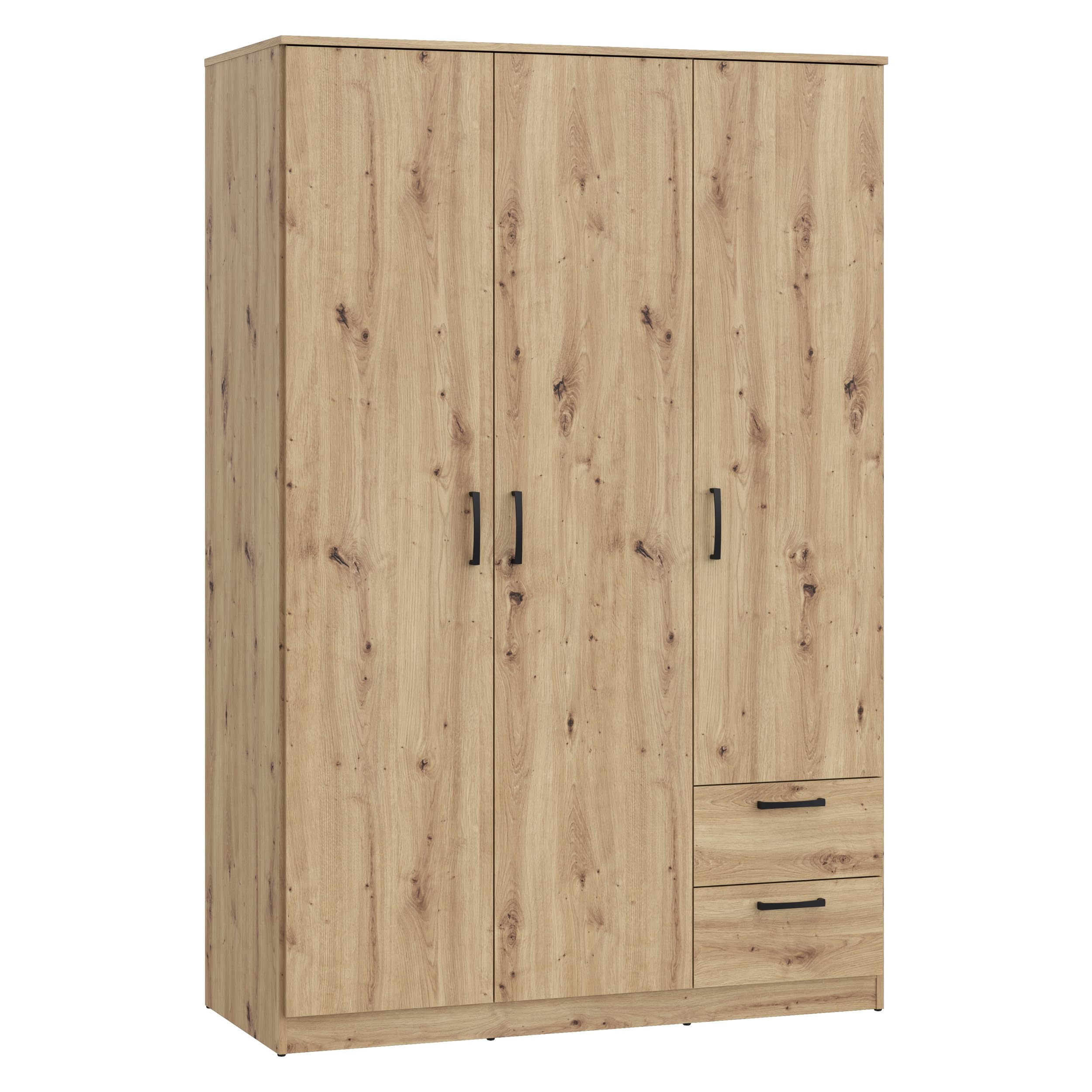 FORTE NIKO Kleiderschrank 122, Schrank im Scandi-Stil mit 3 Türen und 2 Schubladen, Holzwerkstoff, Artisan Eiche Dekor, 122 cm breit, 185 cm hoch, 52,7 cm tief