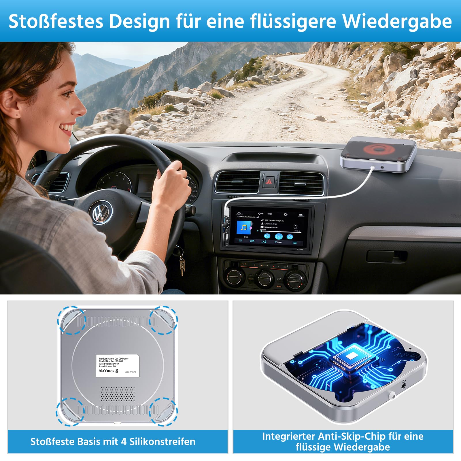 CD Player für Auto mit USB, CENXINY CD Laufwerk Externes mit AUX, Universal CD Player für Auto mit USB-Typ-C-Adapter, inklusive 1.5M USB-Verlängerungskabel,1 m AUX-Kabel,kompatibel mit Autoradio