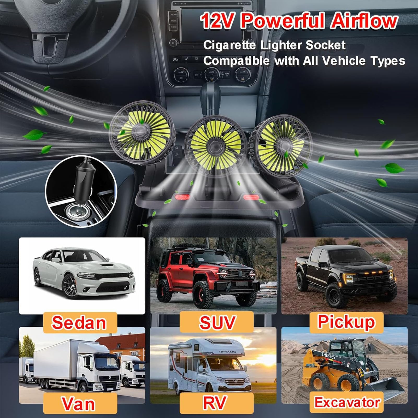 Ventilatore per auto, a tre teste per sedili posteriori, ventola di rotazione a 360°, ventilatore per sedile posteriore, ventilatore per auto da 12 V, ventola per auto con 2 velocità per auto, camion