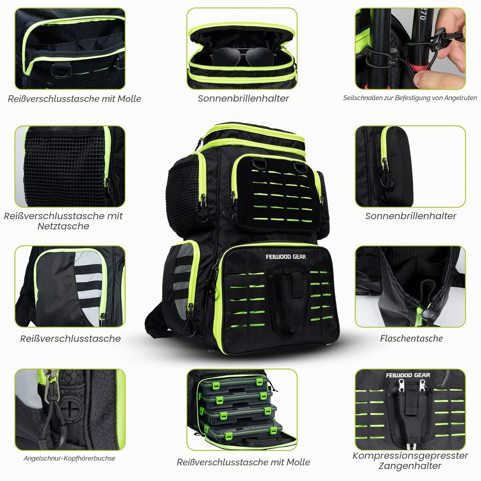 Angelausrüstungs-Rucksack mit 4 Angelboxen, großer Stauraum – widerstandsfähiger Angelrucksack mit Rutenhalter für Angeln, Camping, Wandern, Outdoor-Sport