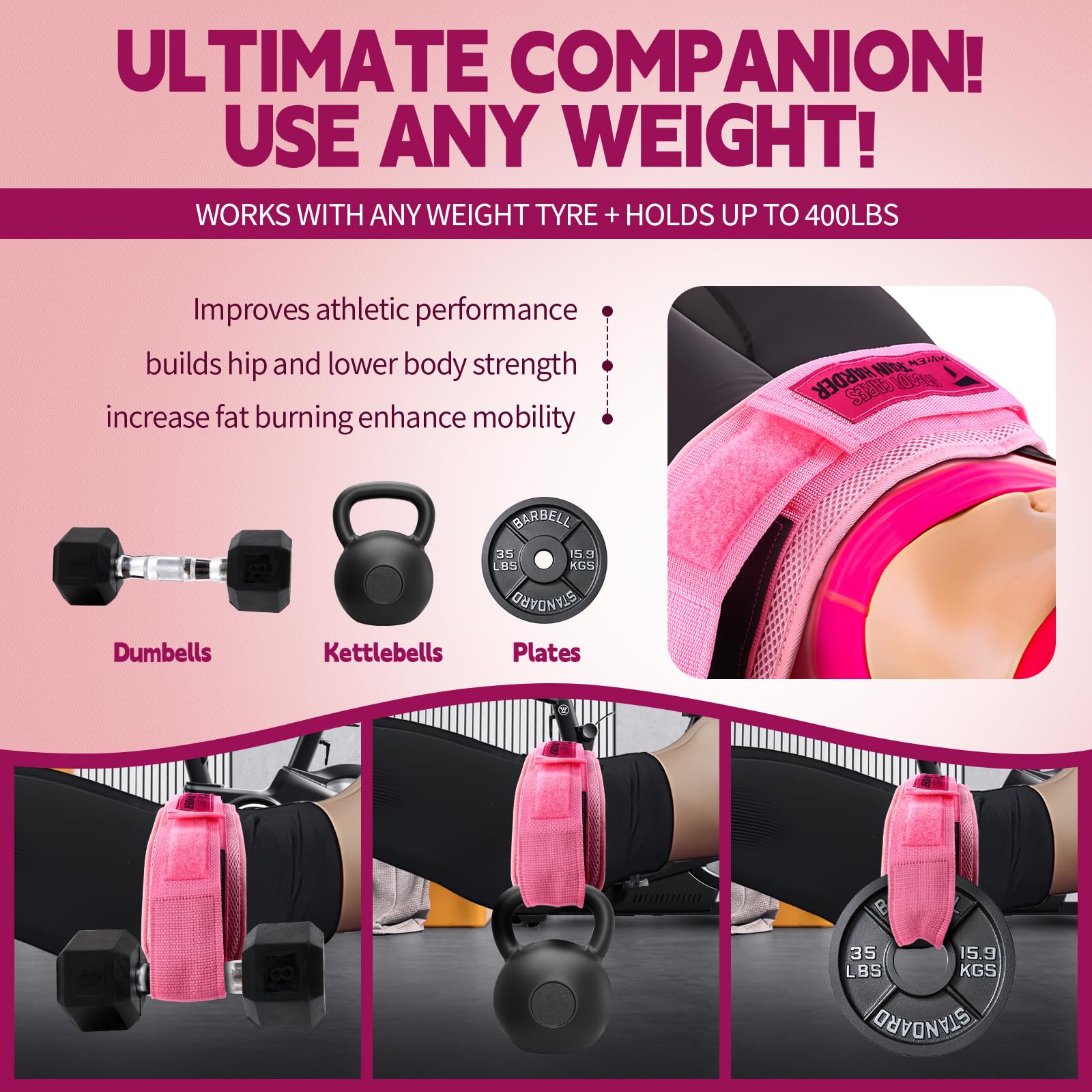 TAVIEW Ceinture de musculation en cuir rose pour gym et pilates, équipement de fitness pour entraînement des fesses avec haltères, kettlebells pour fentes, squat inversé