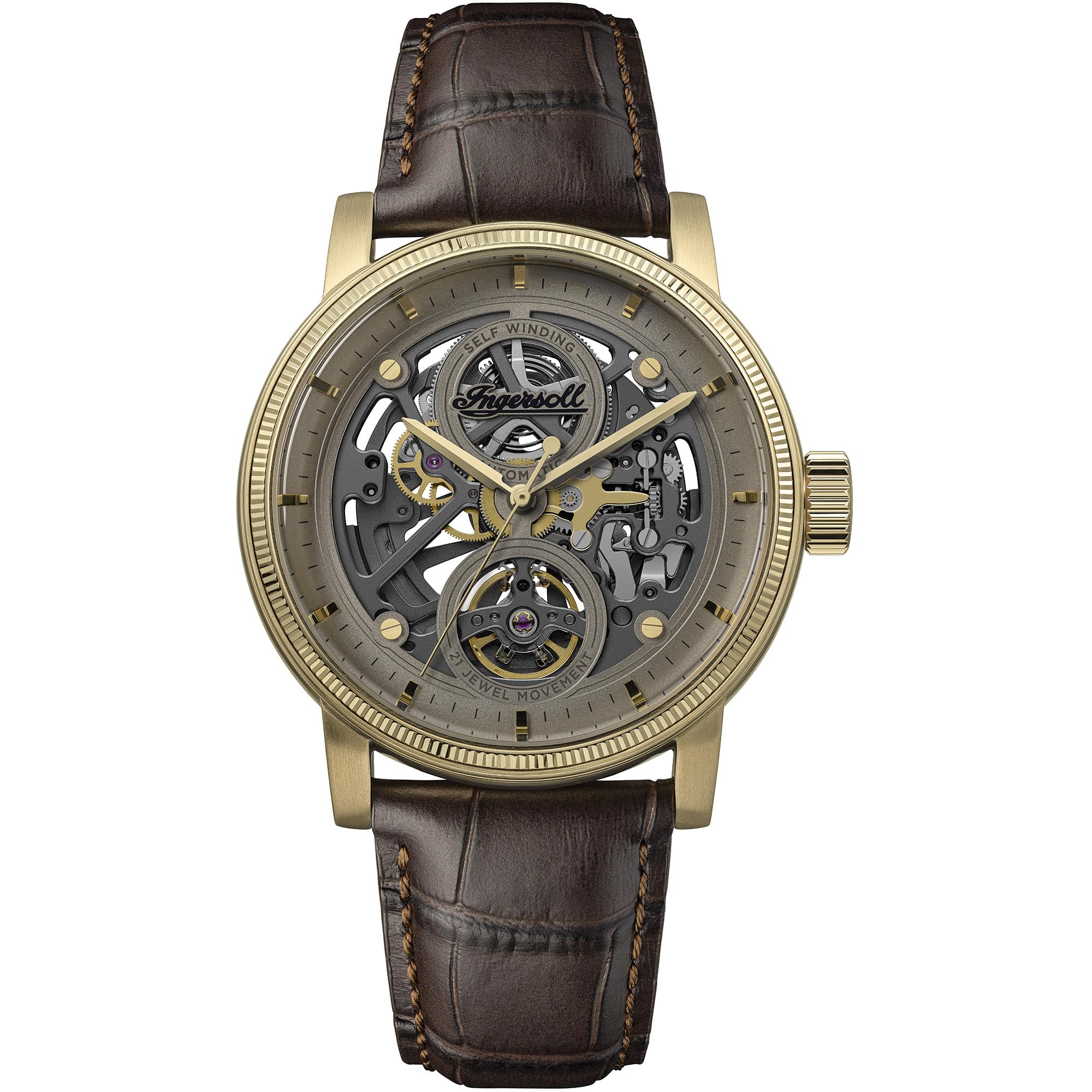 Ingersoll The Guy I17502 męski automatyczny zegarek 44 mm z szarą tarczą i brązowym skórzanym paskiem