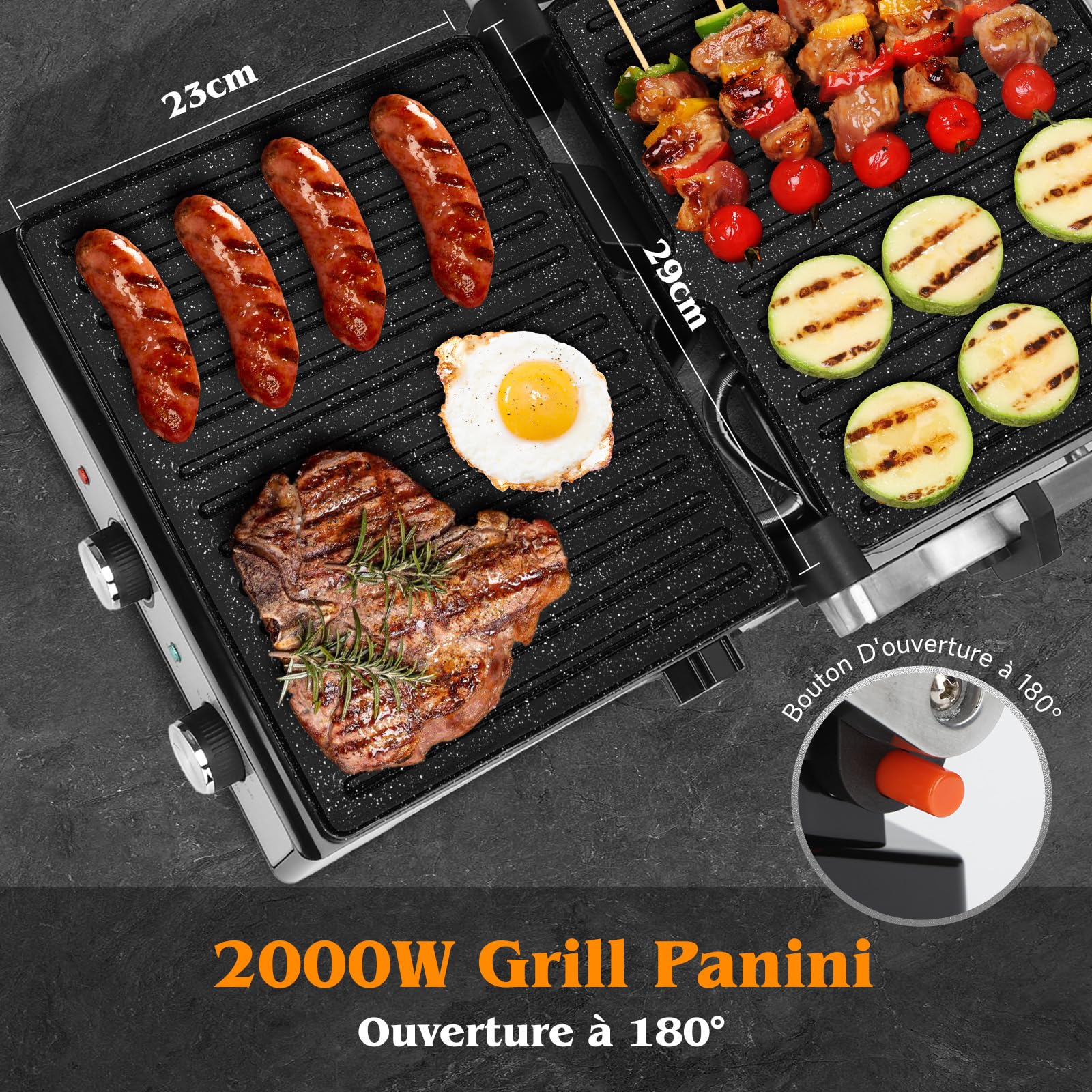 Aigostar Grill Electrique, Gril Viande et Panini, Revêtement Antiadhésif en Céramique Sans PFAS ni BPA, Minuterie de 30min, 2000W, Ouverture à 180°, Thermostat Réglable, Roast